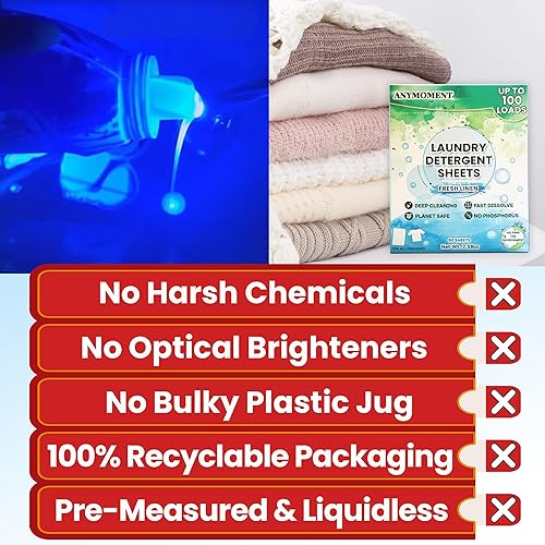 Miniatura 4 de Anymoment Hojas de detergente para ropa  100 cargas  Hojas de lavandería biodegradables multienzima, disolución rápida y cero residuos, compatible