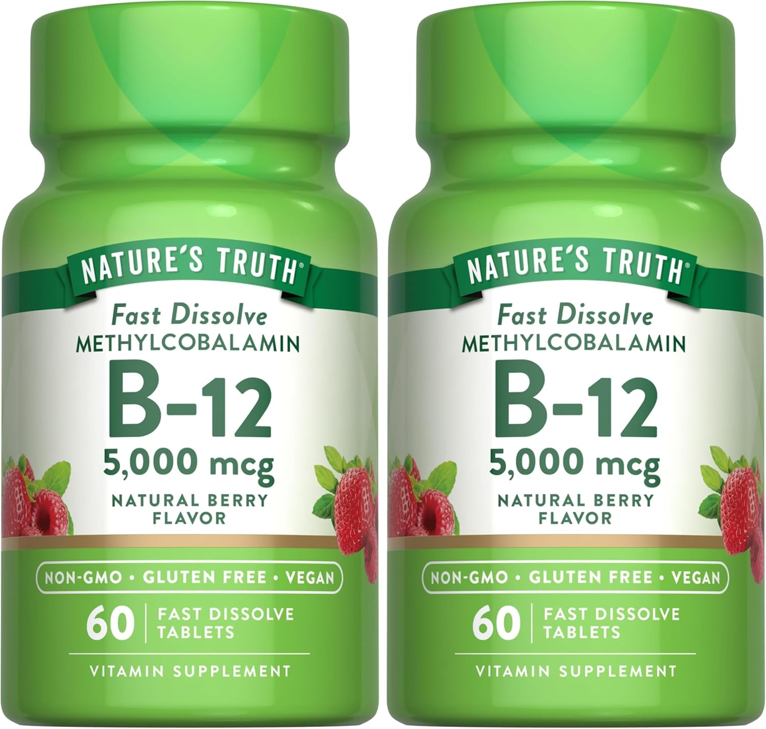 Nature's Truth B12 Vitamin 5000 mcg | 60 Tablets | Fast Dissolve Natural Berry Flavor | Vegan, Non-GMO & Gluten Free Supplement (Pack of 2)