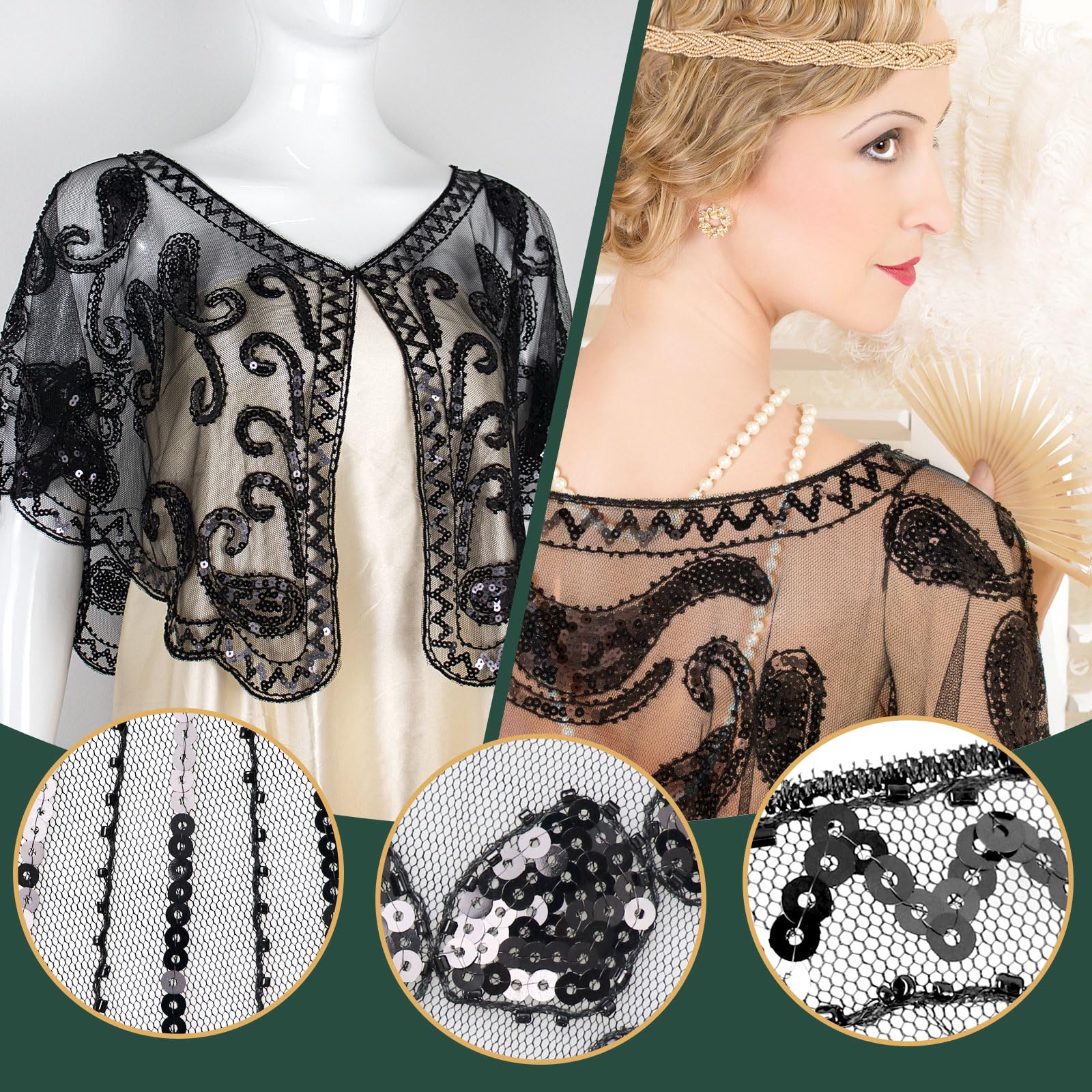 1920s Flapper Great Gatsby Accessories Set,Roaring 20's Theme Set including Shawl Headband Long Gloves Necklace Earrings Handheld Prop,1920s Flapper Costume Vintage Accessories for Women Ladies (Style 4) - Image 3