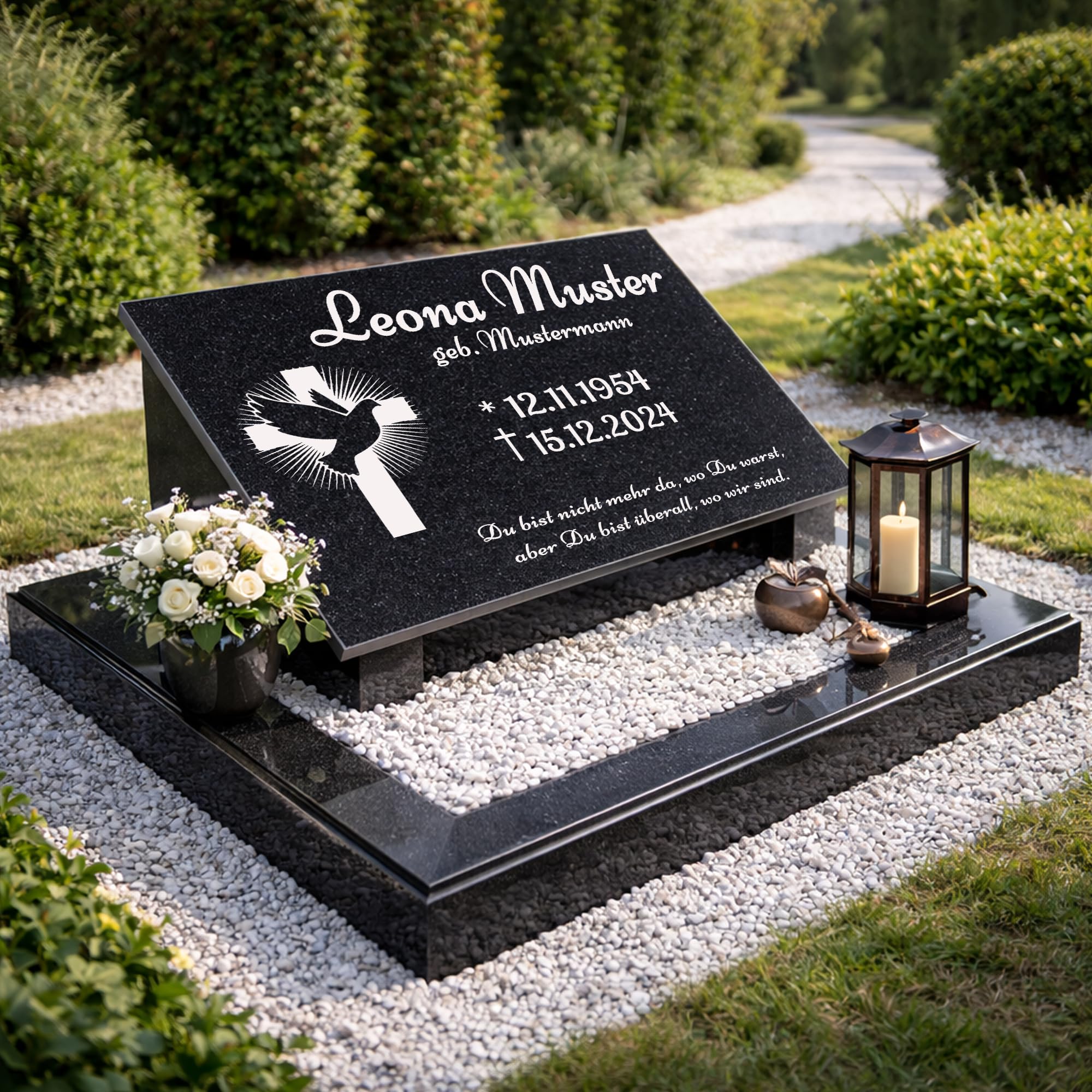 GrabStein Motivauswahl aus zertifizierten Granit mit Inschrift – direkt vom Steinmetz, 3 cm Massive Stützen, Steinmetzfarben statt Acryl, personalisiert, Urnengrab AA (F15, 40x30x1cm mit Stützen)