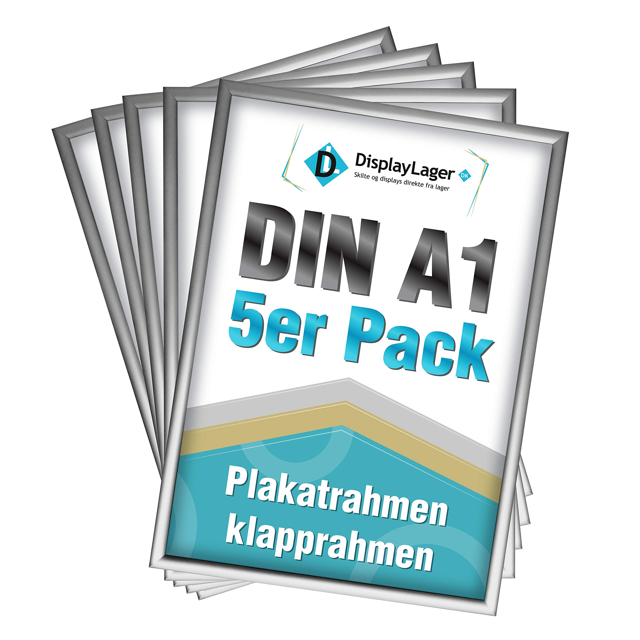 DisplayLager - 5 Cadre à Clipser A1, 5 pièces, Argenté | Cadre pour Affiches avec Profil en Aluminium argenté de 25 mm | avec vitre de Protection antireflet et matériel de Fixation