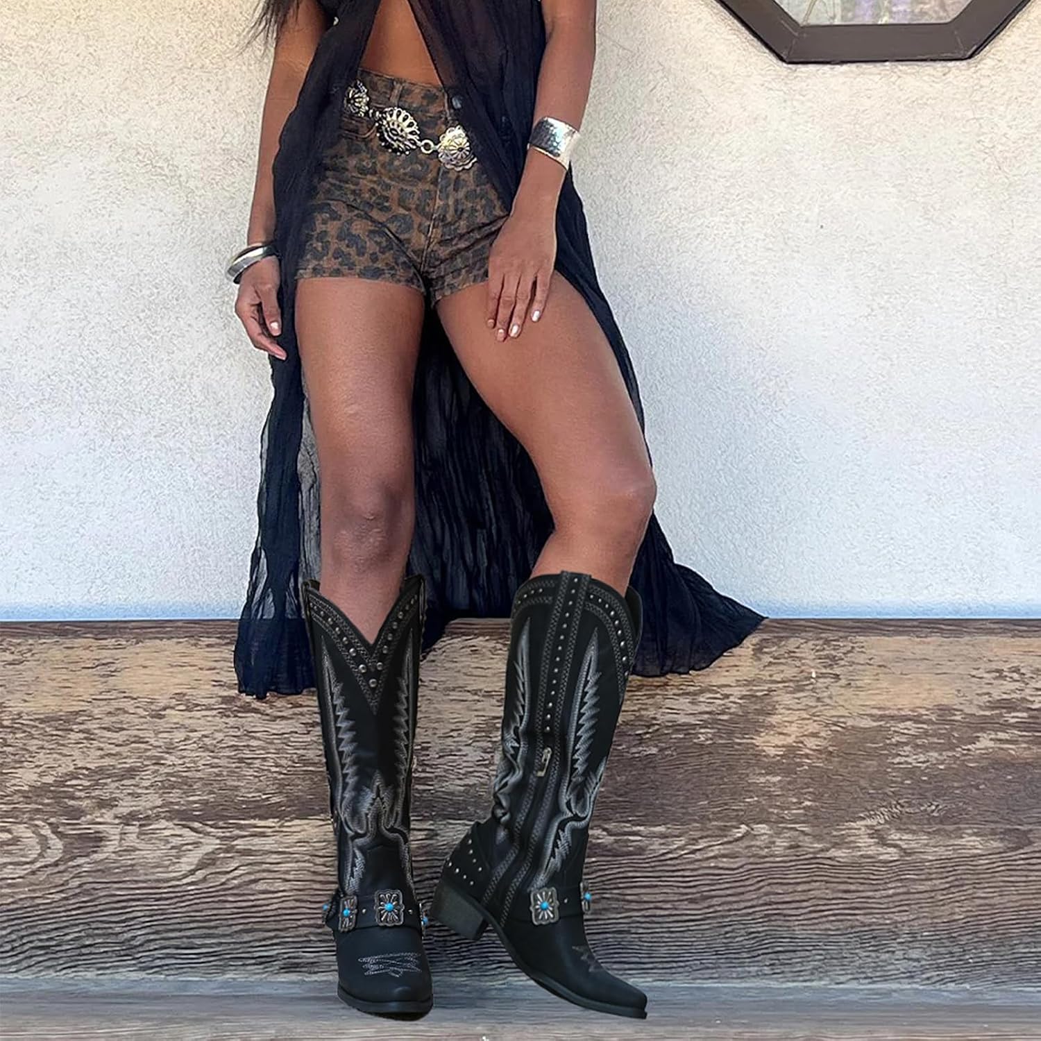 Yolkomo Cowboy Boots for Women Knee High Western Cowgirl Boots with Embroidery Belt Buckle Chains - Image 3