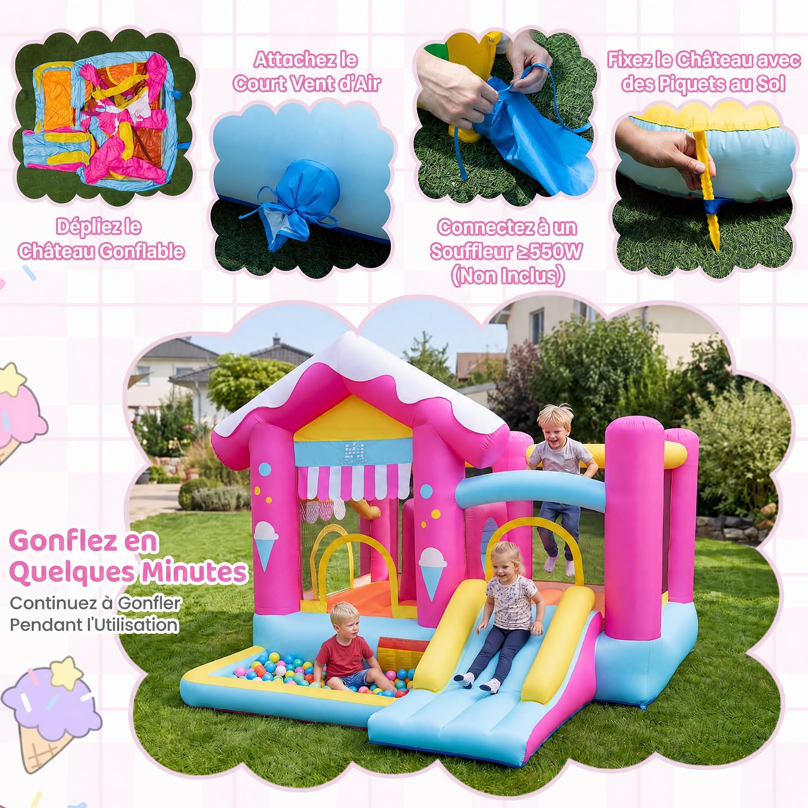 COSTWAY Château Gonflable avec Toboggan et Trampoline, Intérieur Extérieur