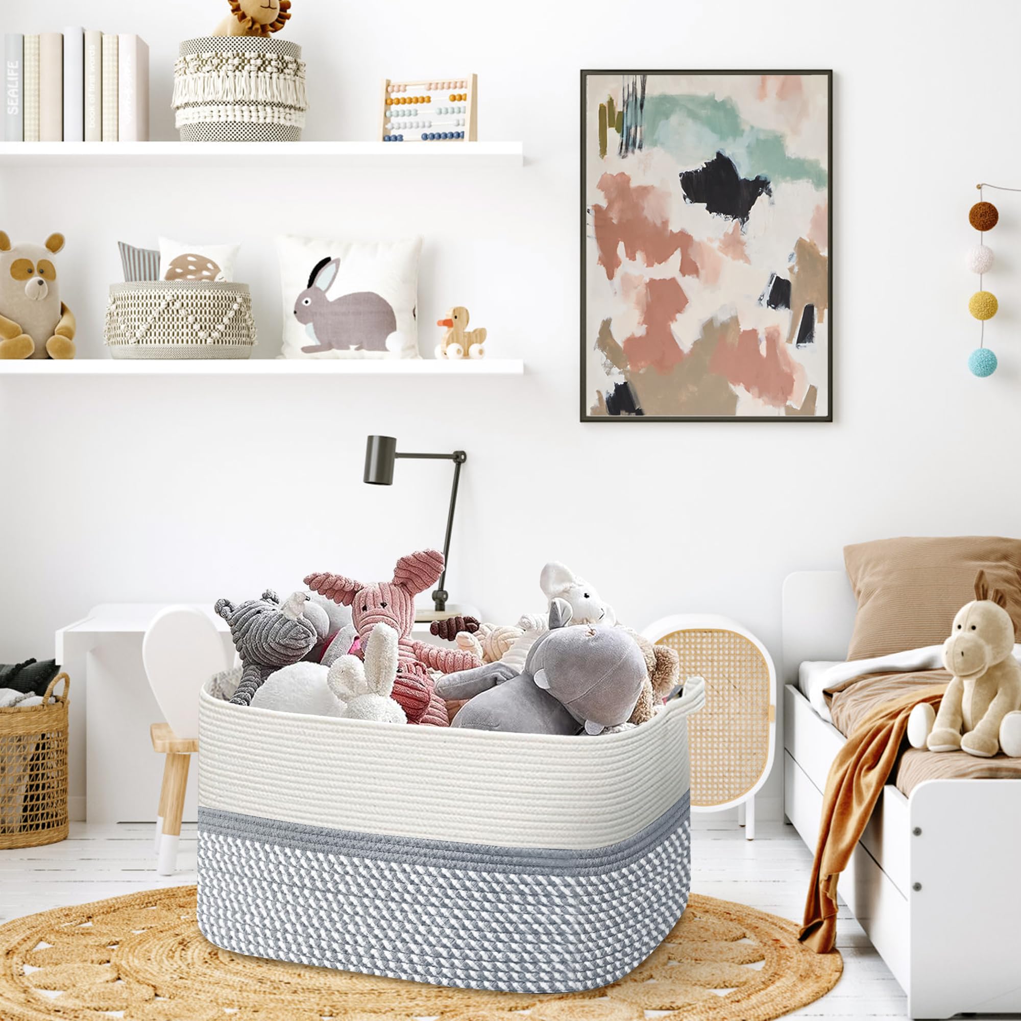 HONCESTA Großer Korb für Decken, rechteckig, Wohnzimmer, Überwurf, Decke, Aufbewahrung, Kinderspielzeug, Wäschekörbe für Organisation, gewebte Decke, Kissen, Organizer, Halter, 55 x 37 x 30 cm, Grau Bolig og køkken