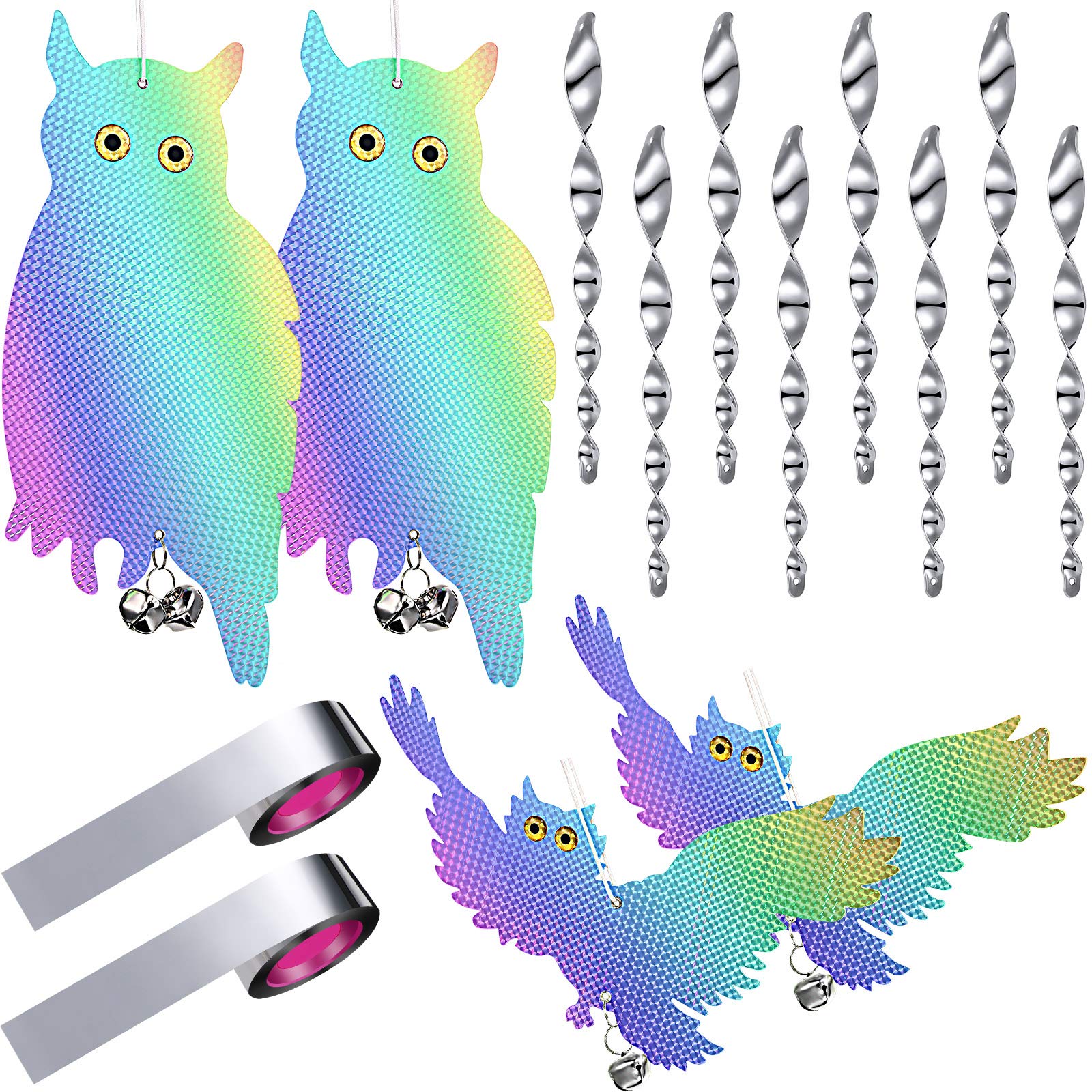 14 Pieces Bird Devices, Includes 4 Pieces Bird Laser Owl, 8 Pieces Reflective Spiral Scare Rod Spinning Rod and 2 Pieces Bird Scare Tape for Keeping Bird Away from Garden Yard