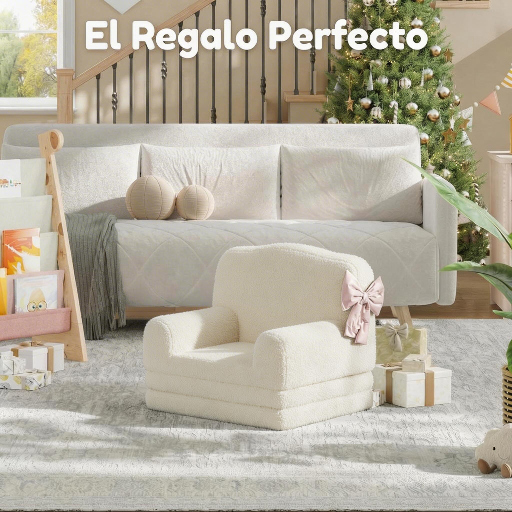 Garvee Sillón Convertible Infantil Diseño Corona – Cama Plegable 2 en 1 para Niños de 2 a 6 Años – Butaca Transformativa con Funda Lavable de Peluche Sherpa para Dormitorio, Sala de Juegos (Blanco)