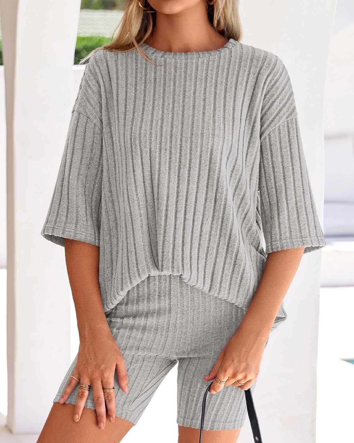 KIRUNDO Lounge Sets For Women 2 Piece Ribbed Knit Shorts Set Casual Short Sleeve Tops Biker Shorts Vacation Cruise Outfits - Image 2