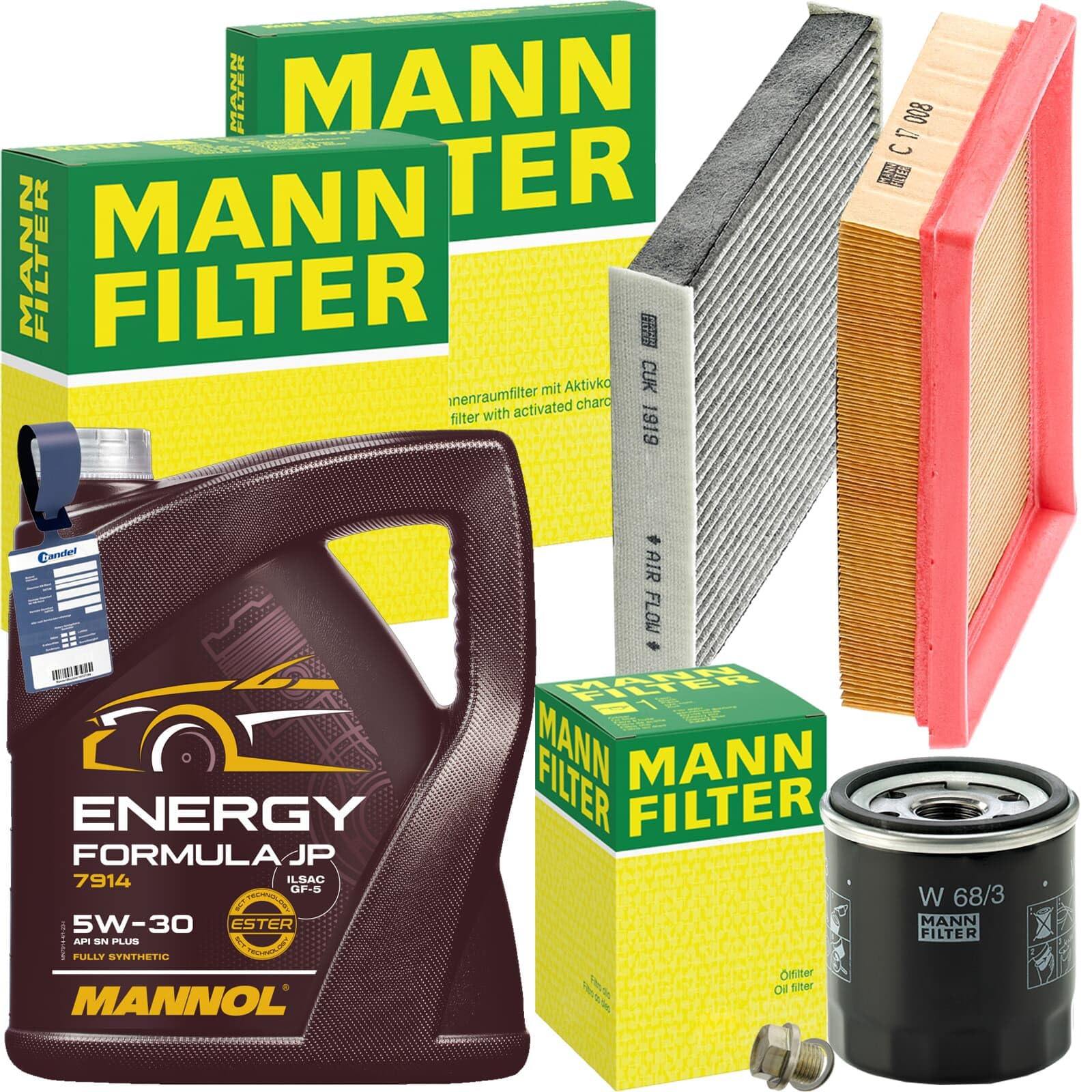 Mann Inspektionspaket+Mannol JP 5W-30 Motoröl | CUK1919(LAK490)+C17008+W68/3+257.812.011+MN1801 Kompatibel mit Yaris (_P13_)