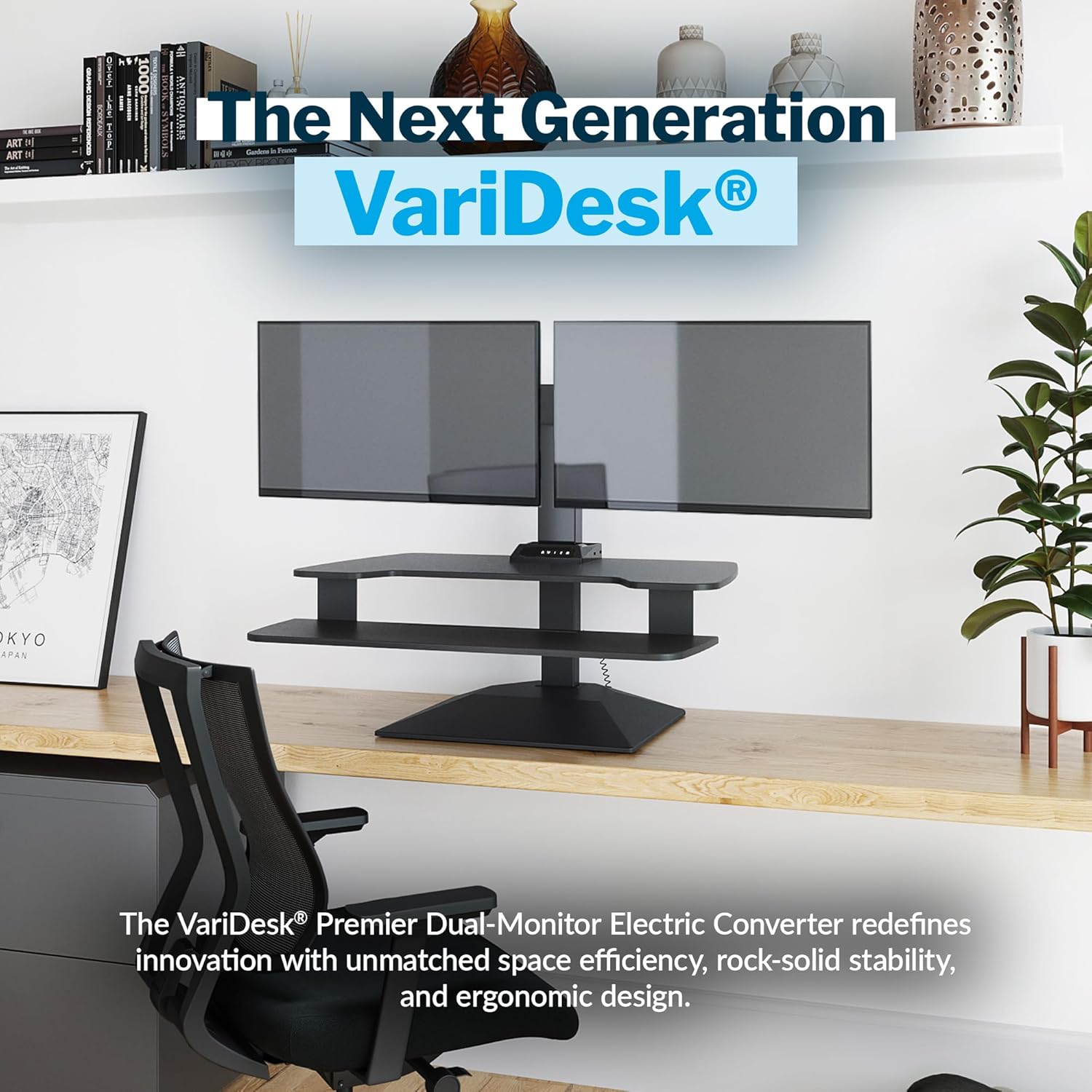 Vari VariDesk Premier Electric Converter -All-in-One Standing Desk Height Adjustable Riser with USB-A and USB-C - Ideal for Home Office Workspace - Dual Monitor Mount Computer Workstation (Black)