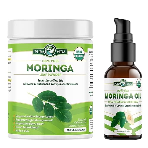 Moringa en polvo orgánico de origen único (8 oz) y aceite de moringa orgánico (2fl oz)