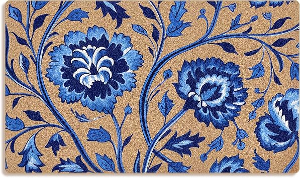 Mingnei Chinoiserie Floral Coco Coir Doormat Door Mat for Home House Entrance, Blue and White Chinoiserie Flower Floral Floor Mats for Outdoor Outside Entryway 30x17 Welcome Mat