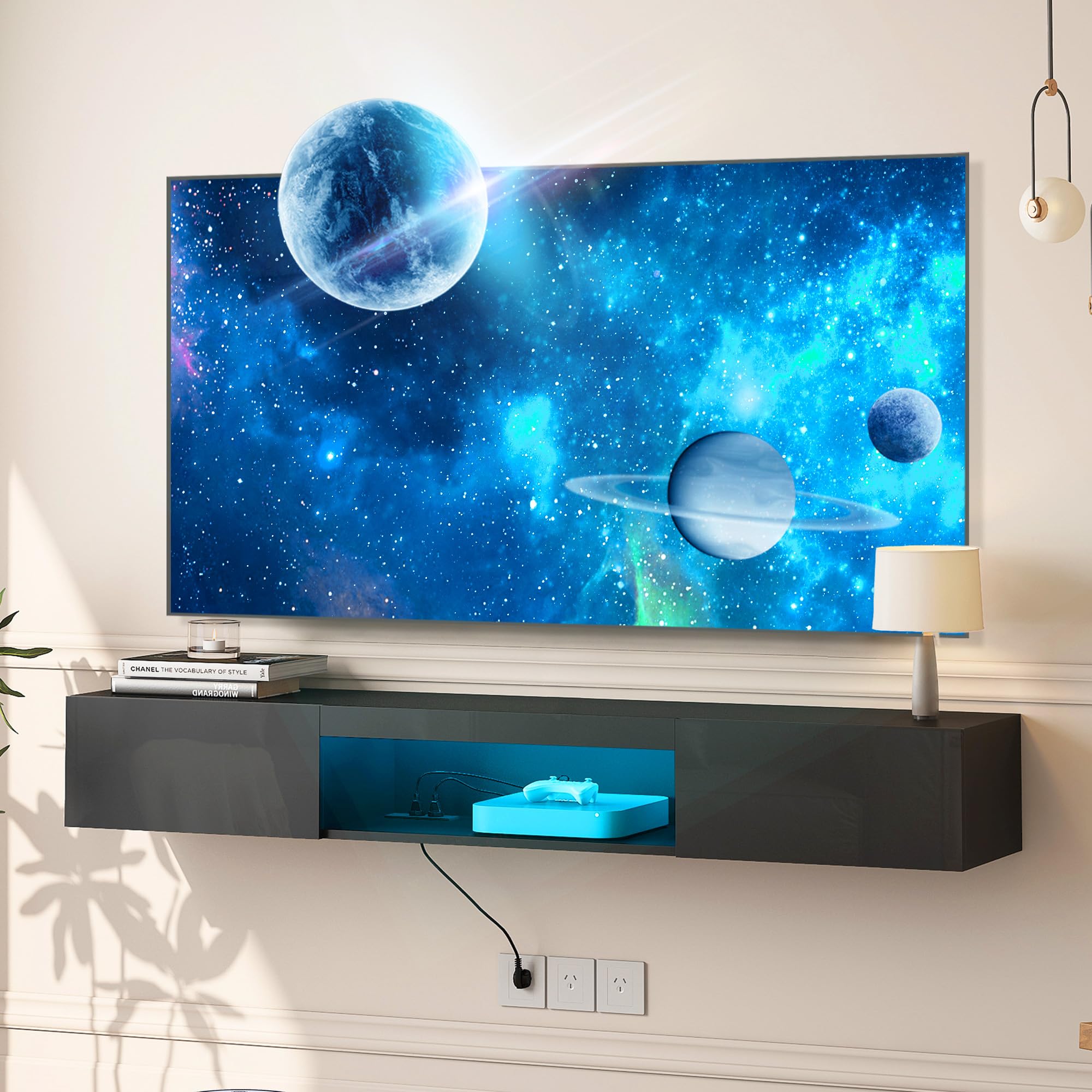 Floating TV Stand Wall Mounted with Power Outlet, Modern Floating Entertainment Center for 70 Inch TV, High Gloss Floating TV Shelf with LED Lights for Living Room, Bedroom, Black