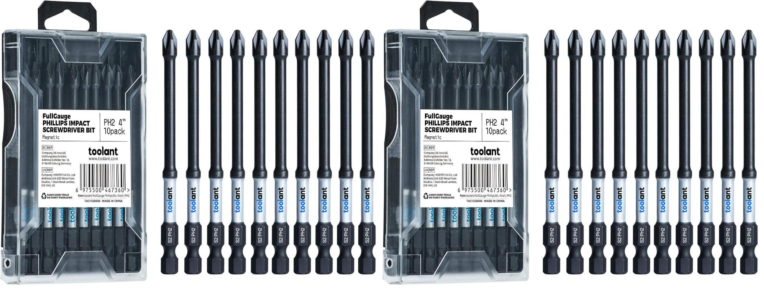 toolant PH2 Phillips Impact Bit Set, 4 Inch, 10-Piece, Magnetic (Pack of 2)