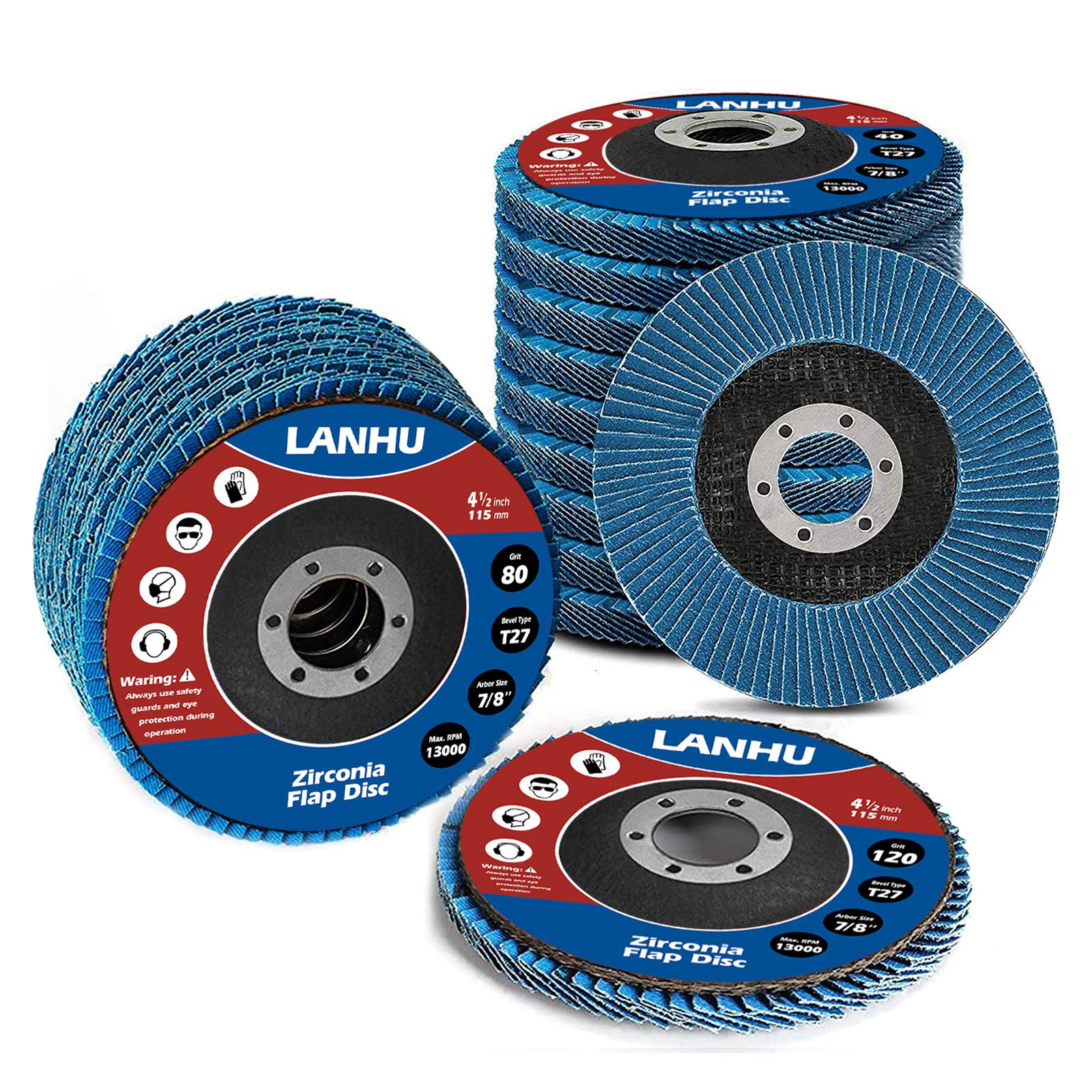 LANHU，Zirconia Flap Disc | 4.5" x 7/8-Inch | 40/60/80/120 Grit Flat Type Fiber Glass Wheel Flat Type #27 Grinder | 20 Pack