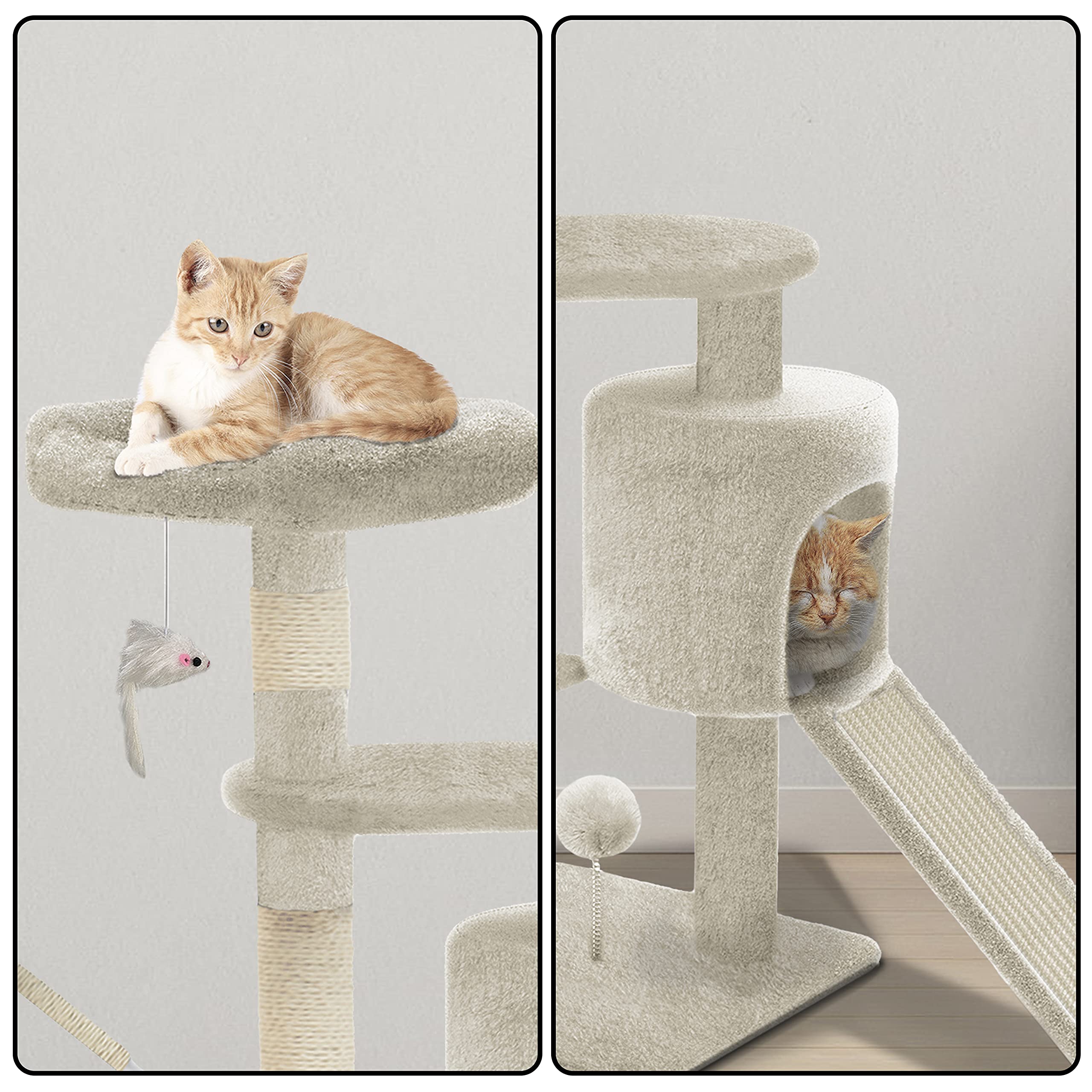VOUNOT® Tiragraffi per Gatti, Albero Tiragraffi Gatto di Naturali Sisal con Cuccia Graffiatoio, 112cm, Beige