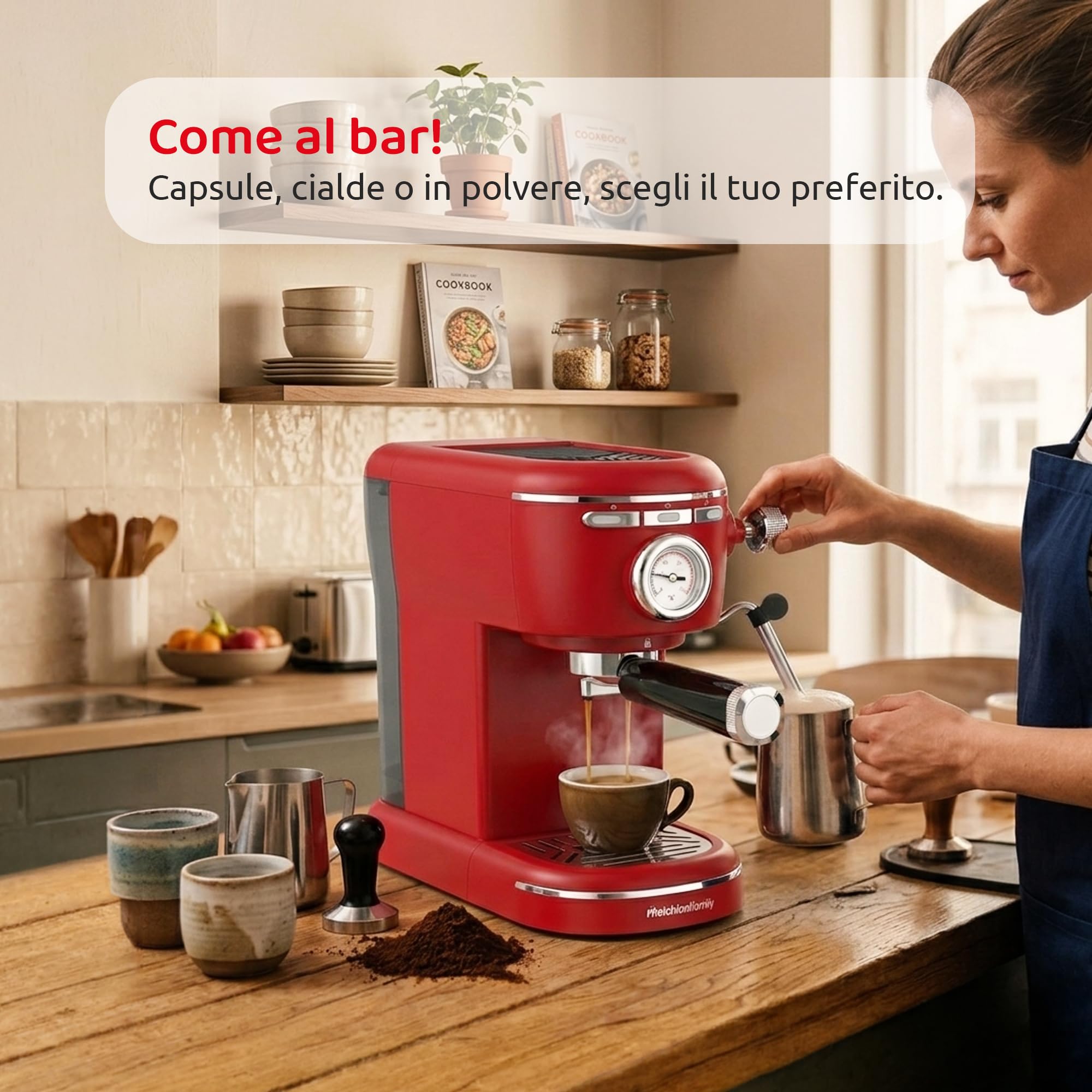 Melchioni Aromatica Plus ekspres do kawy 3 w 1, kompatybilny z kapsułkami Nespresso i kawą mieloną - ciśnienie 15 bar - 1100 W - zbiornik 1,2 l - wbudowany spieniacz do mleka - czerwony