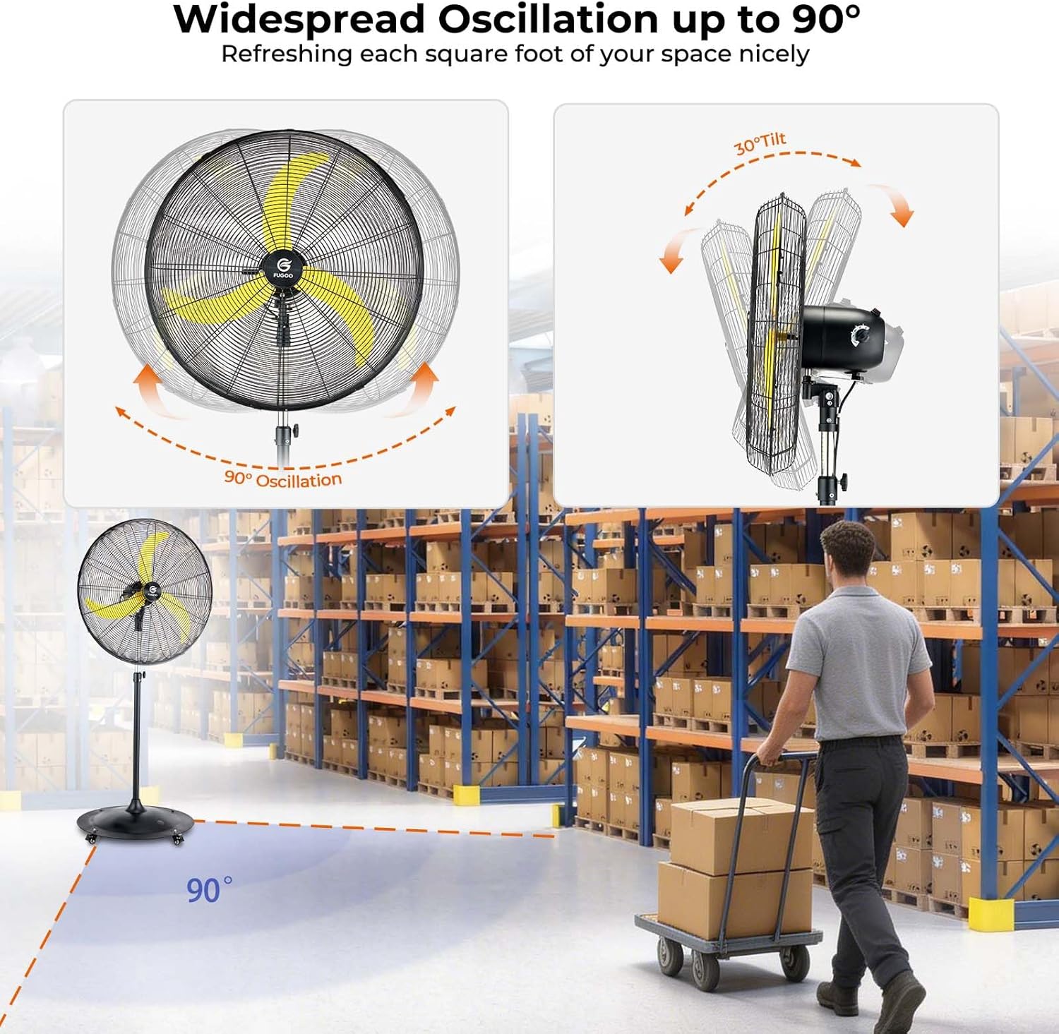 FUGOO 24" Whisper-Quiet Industrial Pedestal Fan - Brushless DC Motor, 5000 CFM Waterproof Heavy Duty Outdoor Fan, Energy Efficient for Garage, Warehouse, Patio, Commercial