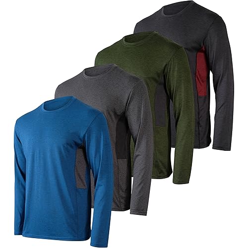 Real Essentials 4 Pack: Men's Dry-Fit UV Moisture Wicking UPF 50+ SPF Sun Protective Fishing Hiking Swim Long Sleeve Shirt