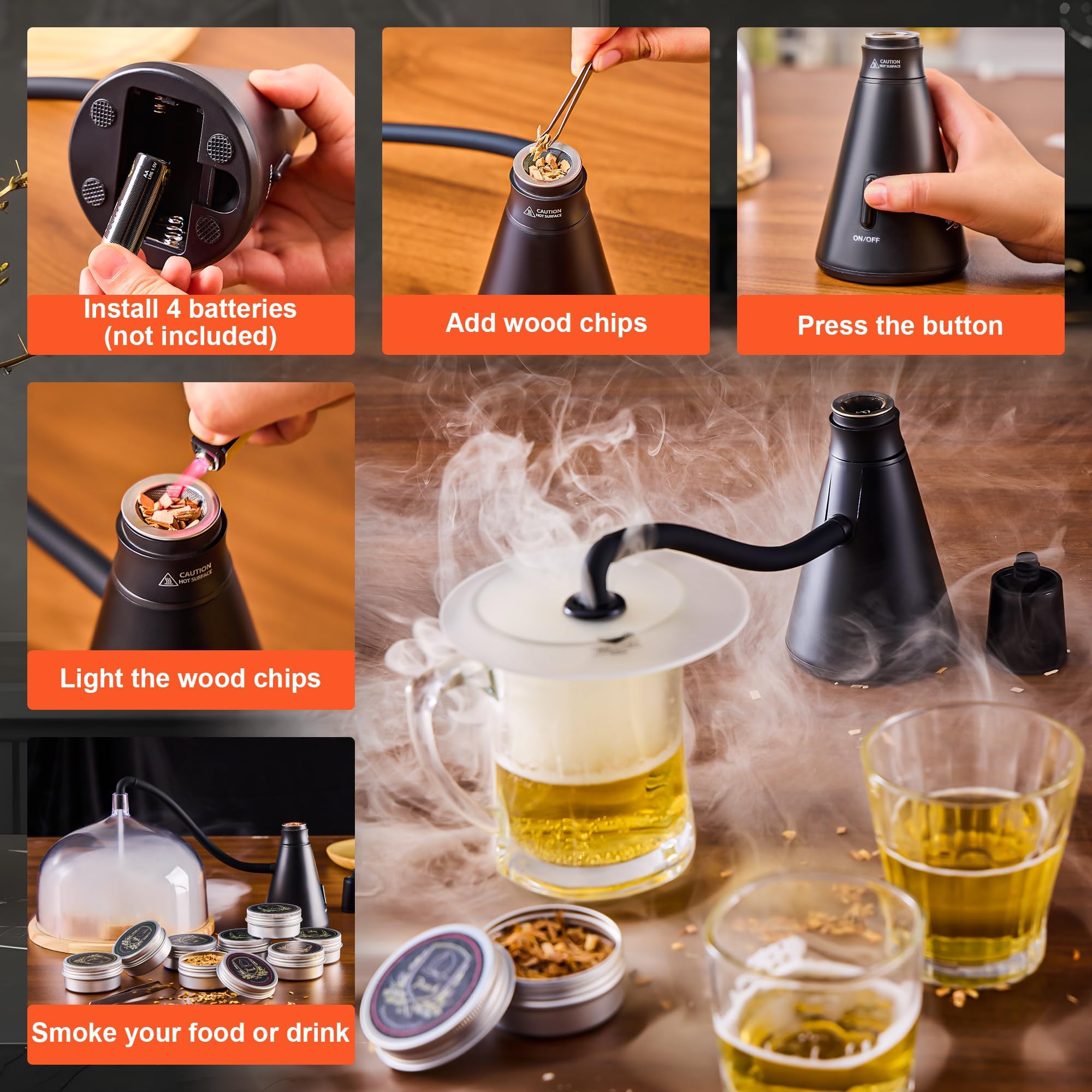 Elegant Cocktail Smoker Kit - Complete Whiskey Drink Smoking Gun with 8 Flavors of Wood Chips, Dome, and Accessories, Adds Flavor to Food and Drinks, Infuser Kit for Indoor Outdoor Use (Black) - 5