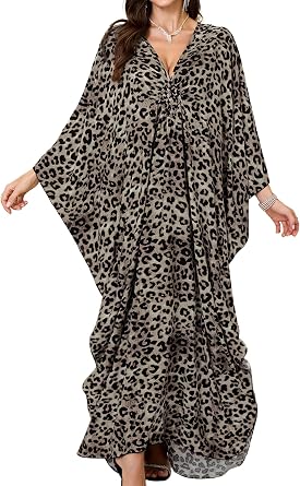 Yanziliu Women Kaftan Dresses Plus Size V-Neck Batwing Sleeves Beach Cover Up Summer Floral Print Caftan Dress