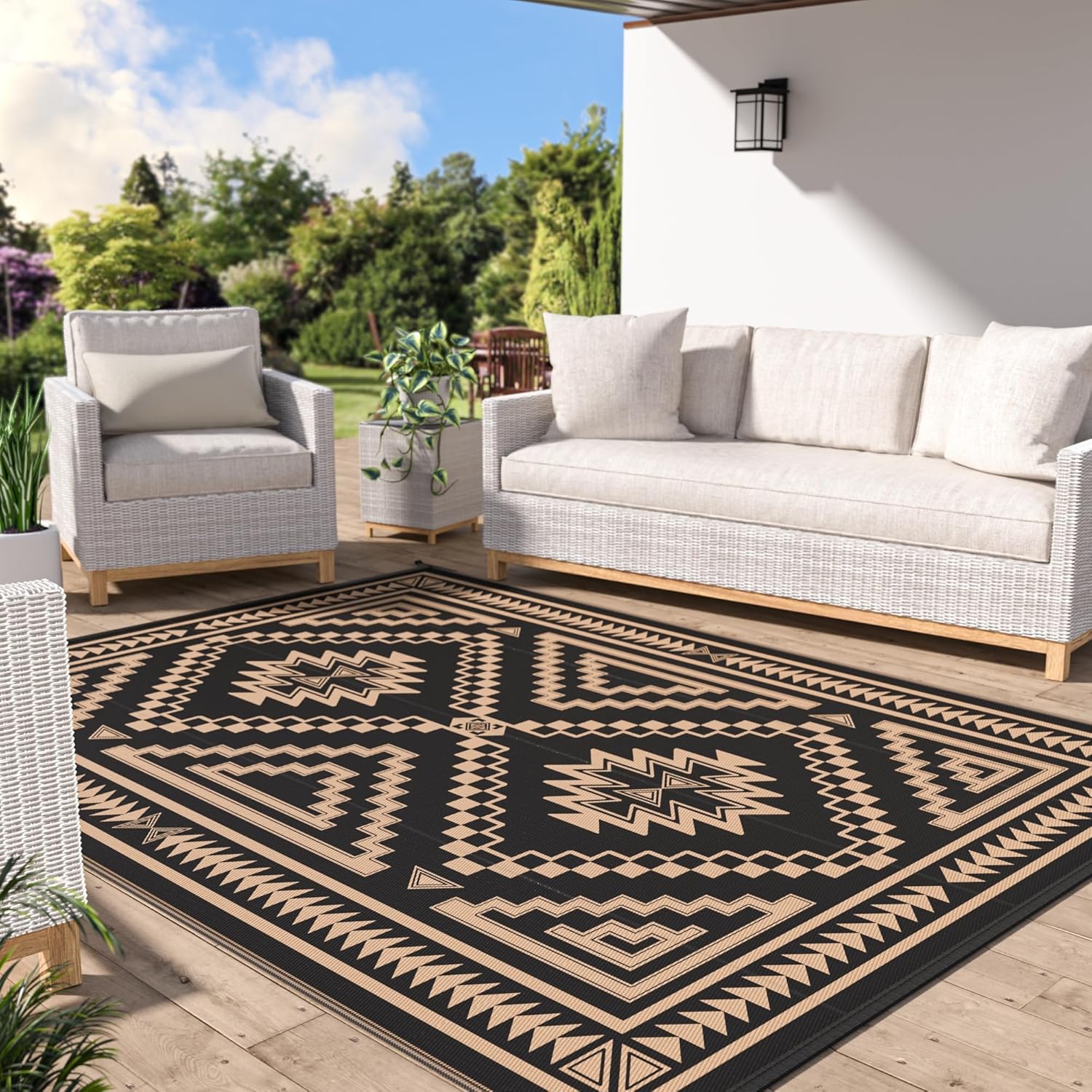 GENIMO Outdoor Rug for Patio Clearance, 9x12 ft Waterproof Mat,Reversible Plastic Camping Rugs, Rv, Porch, Deck, Camper, Balcony, Backyard, Black and Brown Black & Brown-s 9' x 12' (Rectangular)