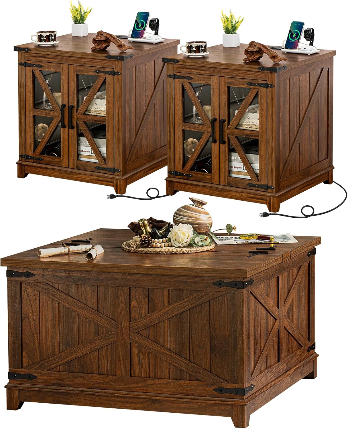 Farmhouse Coffee Table Set, 3 Pieces: Large End Side Tables with Charging Station and Coffee Table with Hidden Storage Compartment, Brown Wood Furniture Sets for Home Office