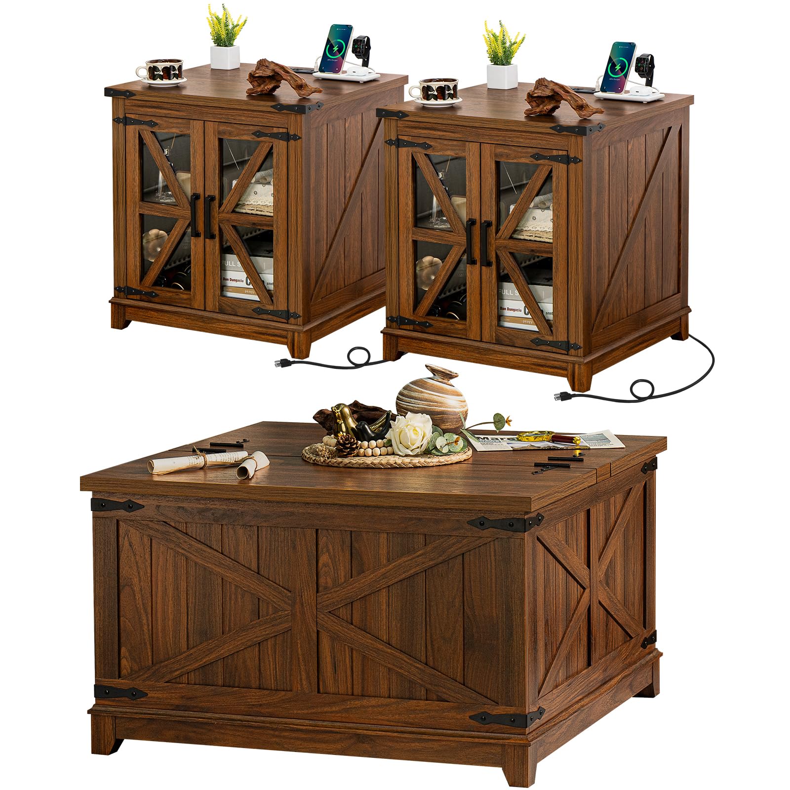 Joaxswe farmhouse coffee table set of 3 with hidden storage compartment and charging station