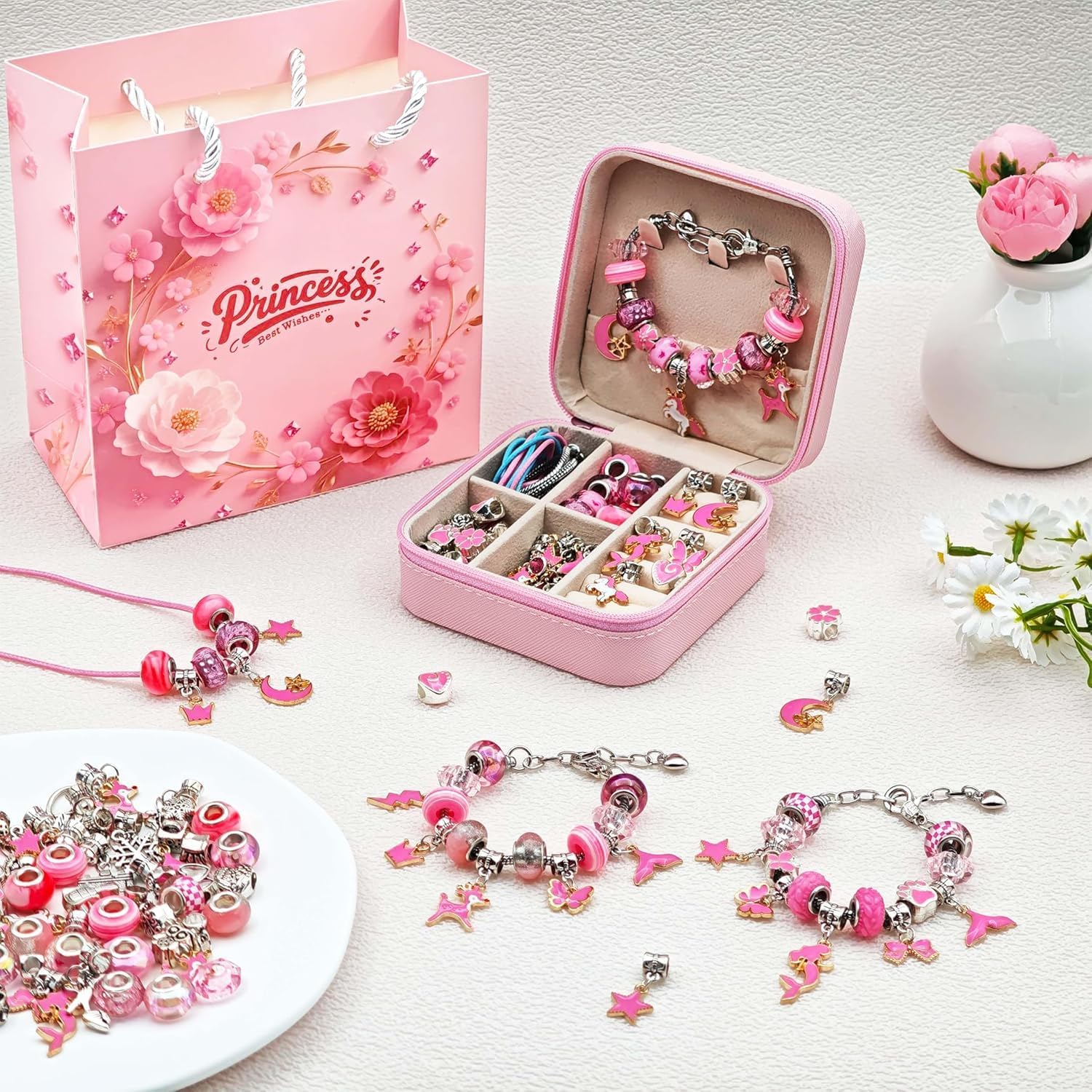 ONADEBY Charm Bracelet Making Kit - Pink DIY Jewelry Making Kit for Girls, Friendship Bracelet Kit with Portable Jewelry Box Bag Packing for Birthday Christmas New Years Mother's Day Craft Gifts