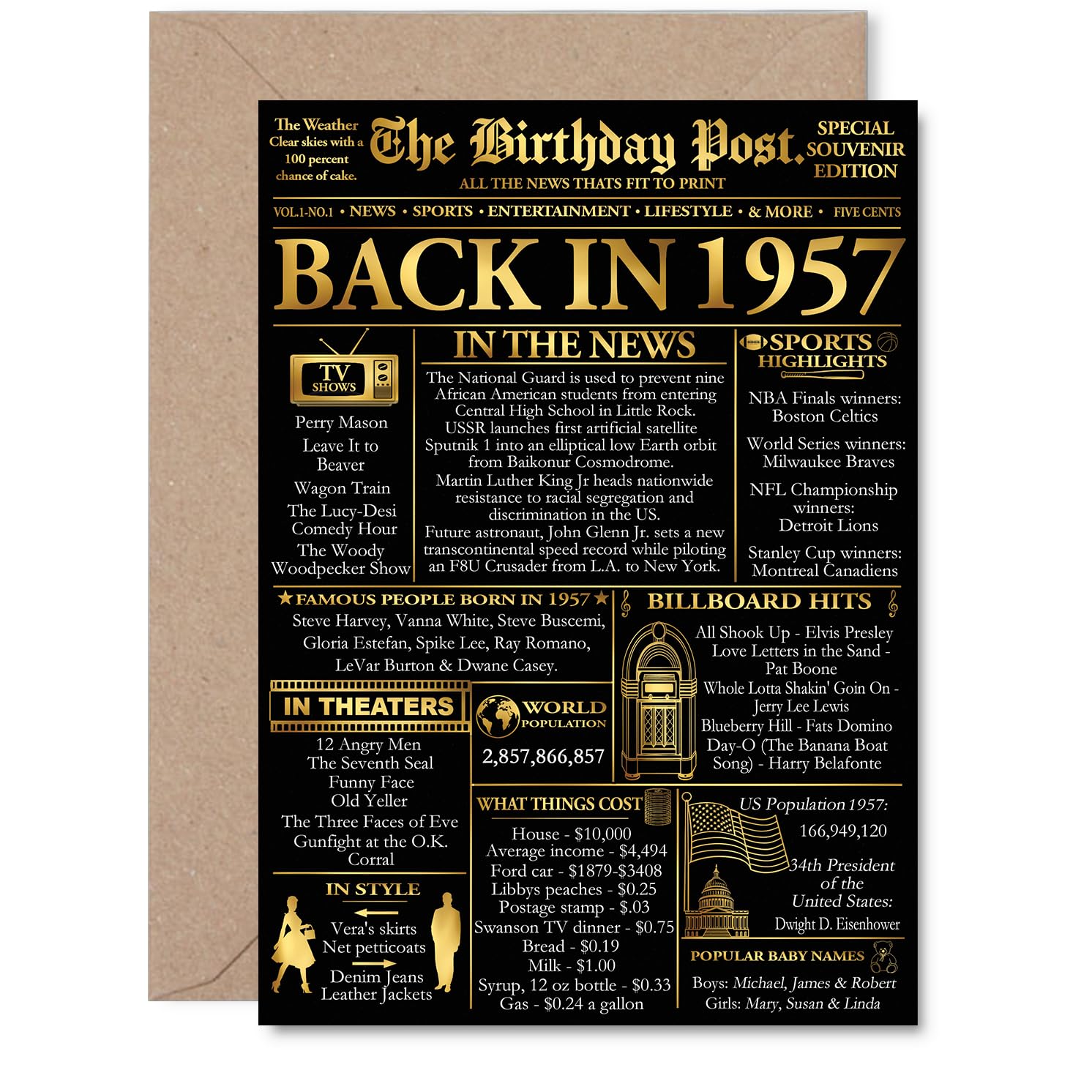 Stuff4 Gold 69th Birthday Card for Men Women - Black & Golden Newspaper Back in 1957 - Happy 69 Birthday Cards for Uncle Neighbor Nan Grandma Mom Friend, A5 Bday Greeting Cards