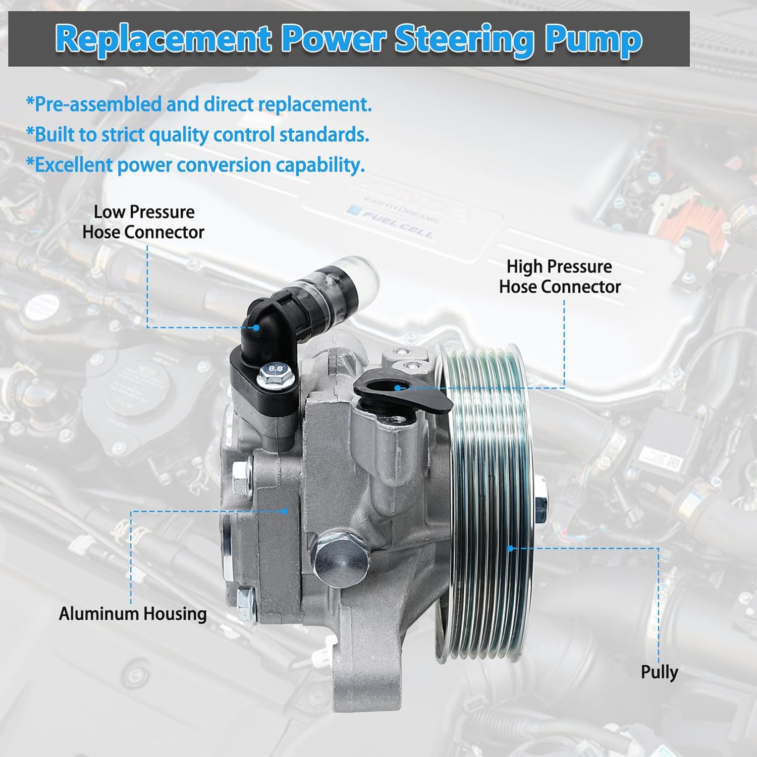 Power Steering Pump with Pulley Compatible for 2006 2007 2008 2009 2010 2011 Honda Civic 1.8L Engine, Power Assist Pump for Repalces# 21-5456, 55-5822, 56110-RNAA01