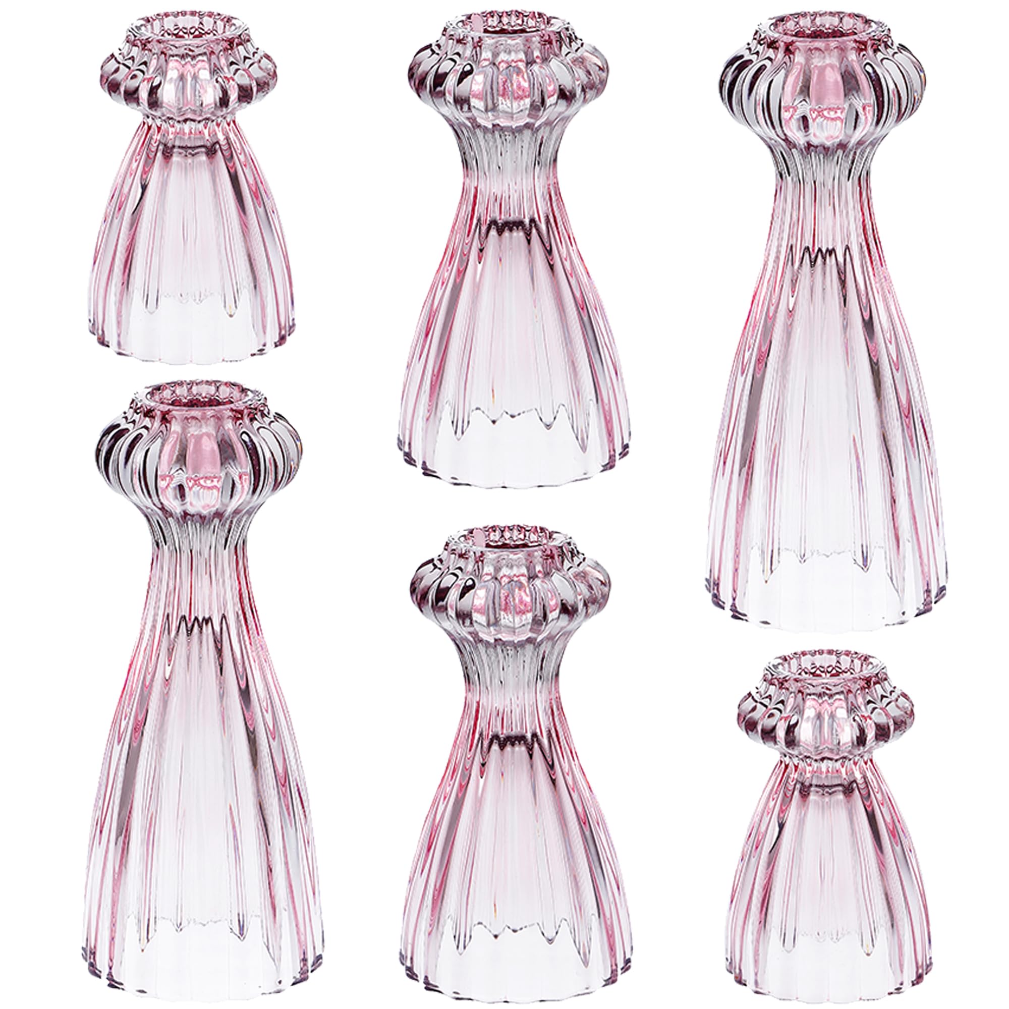 Lysenn Glass Candle Stick Holder Set of 6 – Premium Taper Candle Holders for Romantic Ambiance - Candle Sticks Holder Decor for Special Occasions - Pink