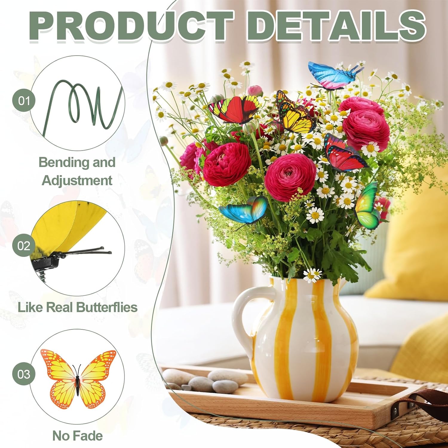 MECCANIXITY 12pcs Butterfly Stakes, 4 Size Garden Garden Decoration PVC Waterproof Artificial Butterflies Stick Plant Stakes for Indoor Outdoor Yard Decor, Yellow