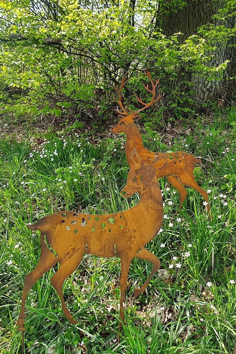 KUHEIGA 2er Set Gartenstecker REH + Hirsch Tier Metall Rost Höhe 82