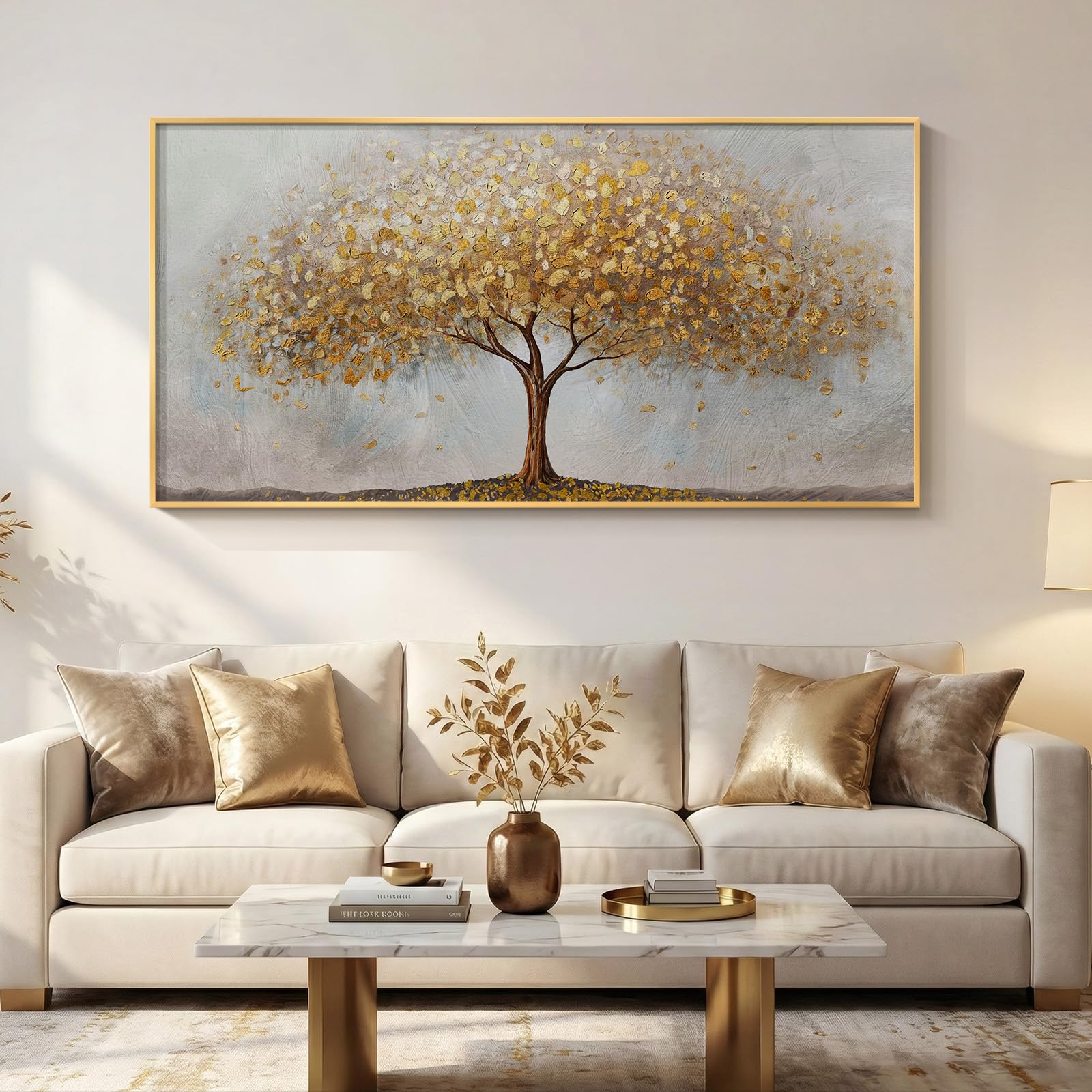 large framed tree of life gold wall art for living room, canvas prints paintings artwork for walls, modern luxury golden big tree pictures for hallway dining room bedroom office wall decor 30x60 in
