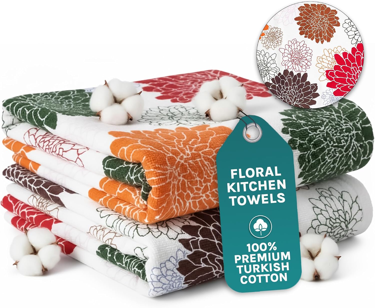 Arconiz Kitchen Towels - 2-Piece Set of Absorbent Cotton Dishcloths (20x30 in), Durable & Oversized Farmhouse Design with Elegant Floral Pattern - White