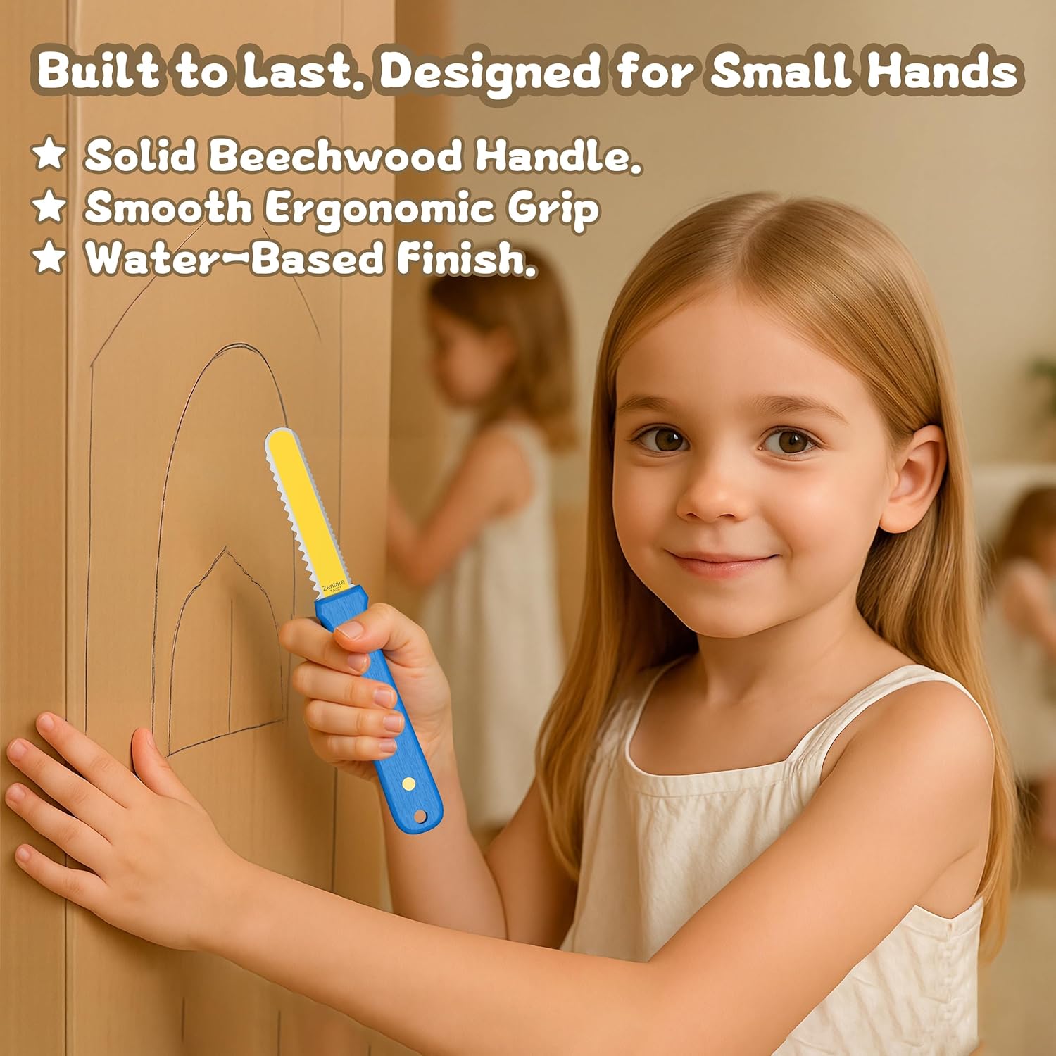 Zentara Kids Cardboard Cutter with Wooden Handle – Safe Serrated Craft Knife with Rounded Tip, Brass Rivets & Full-Tang Steel Core – 420J2 Stainless Steel – Ages 5+ DIY Projects