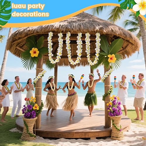 Miniatura 3 de LovesTown Juego de 4 piezas hawaianas de Lei, guirnalda de corona de Luau blanca Hawaii Leis Flower Headpiece collar pulsera verano piscina playa