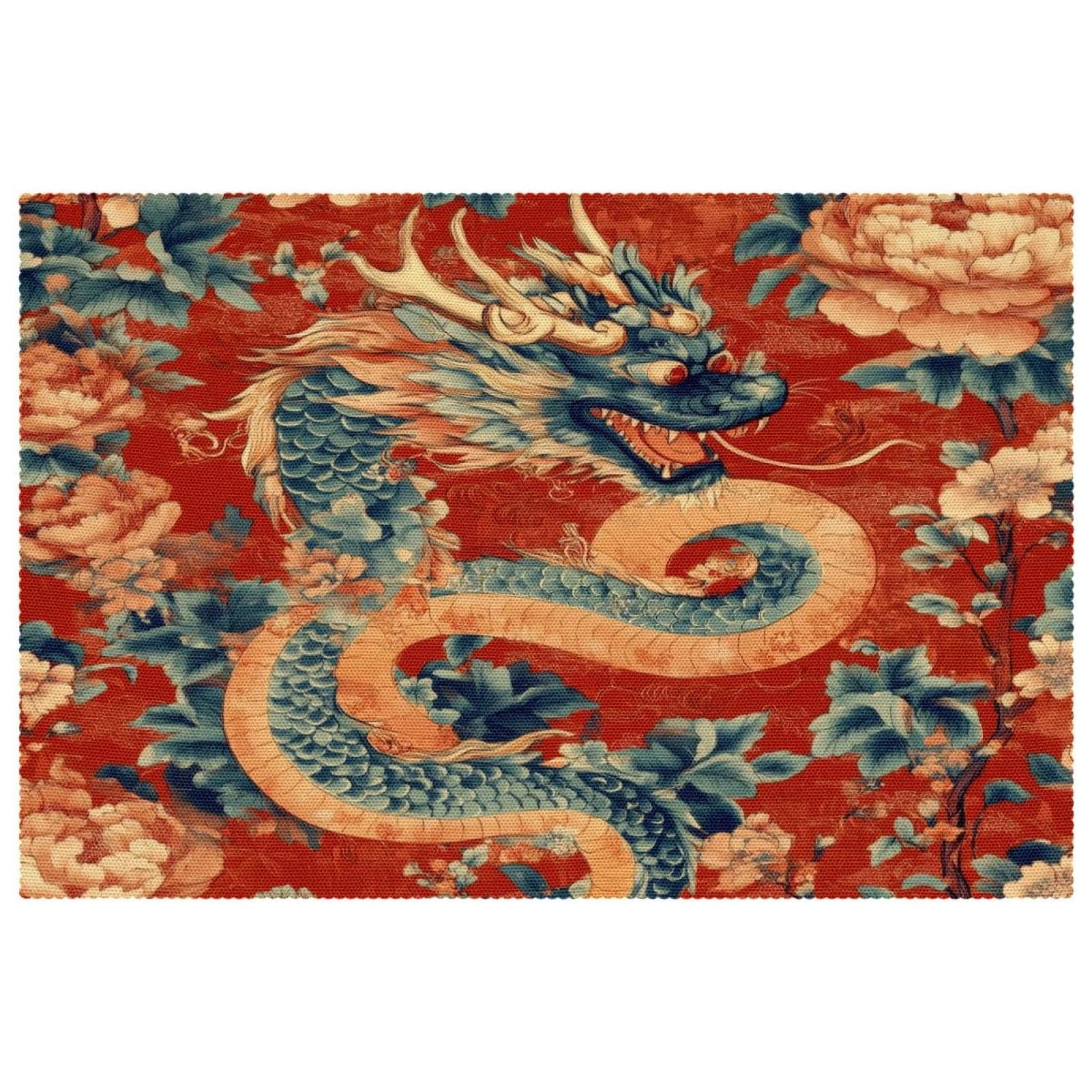 Set de table dragon antique rouge x6 antidérapant et résistant à la chaleur pour salle à manger