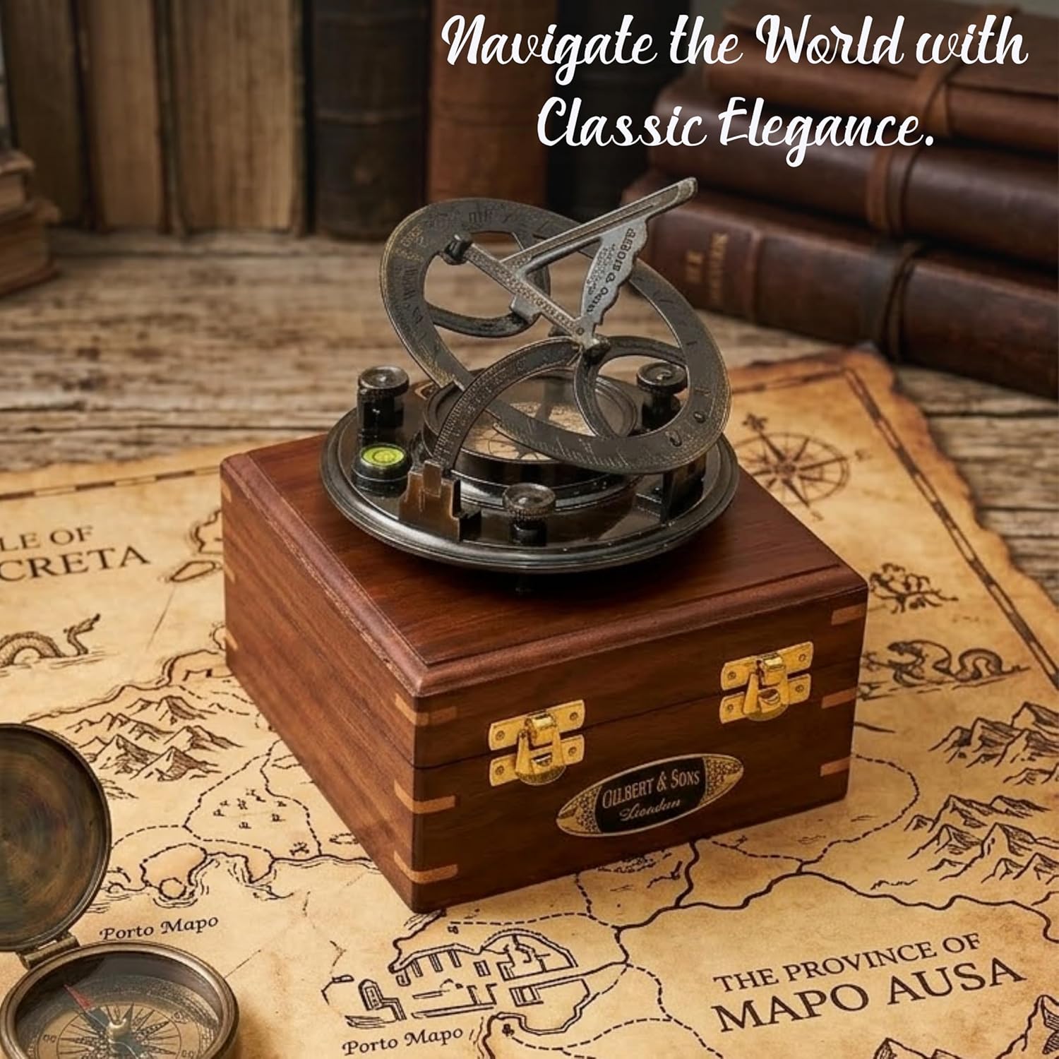Antique Style Brass Sundial Compass with Wooden Box – 5 Inch Vintage Nautical Compass, Gilbert & Sons, Handmade Marine Compass, Desk Decor, Gift for Men, Travelers & Collectors