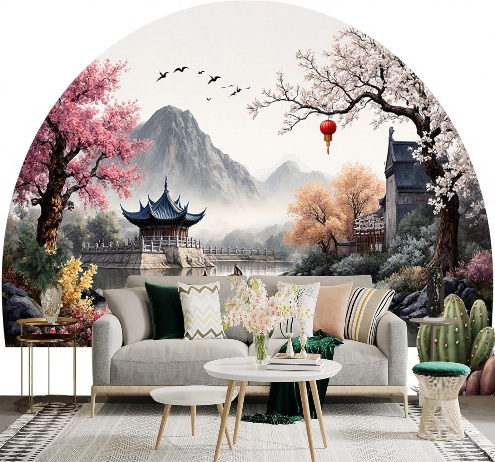 Papier peint intissé 3D montagnes et fleurs de cerisier 200x140