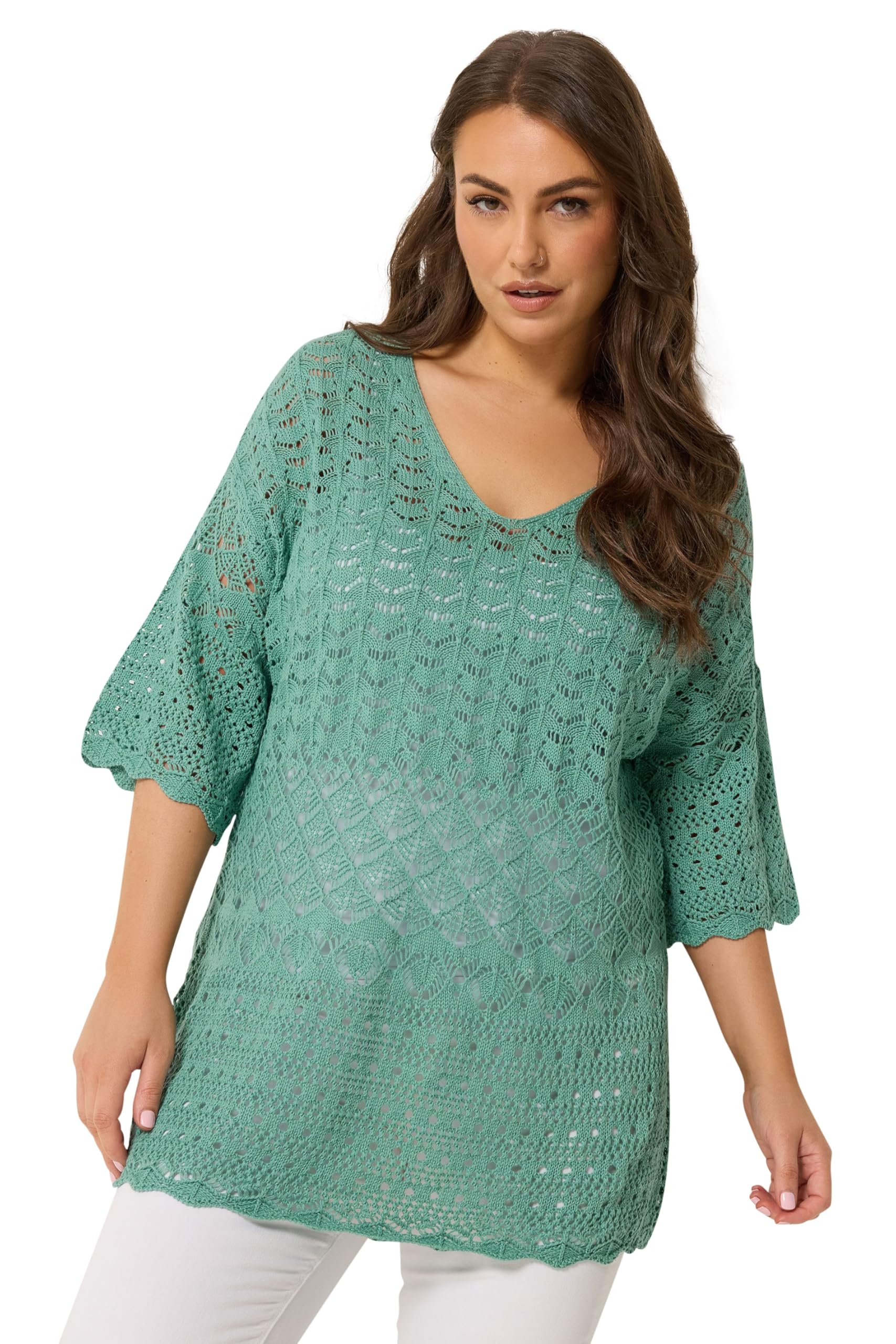 Yours Women's Turquoise Crochet V-Neck Top In | : 18/20