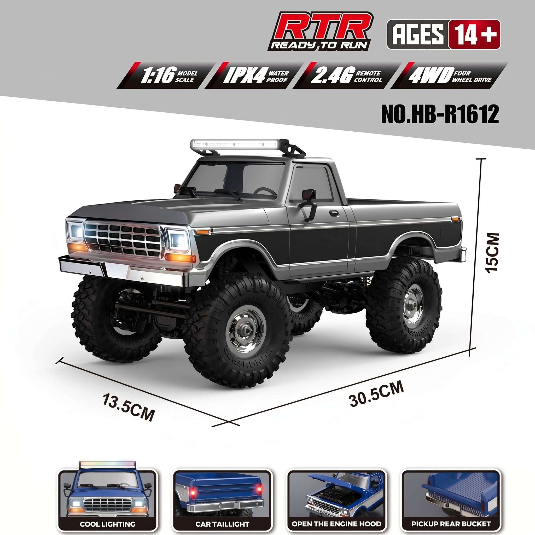 Auto telecomandata 1/16, pickup 4x4 proporzionale 2,4G, fuoristrada con 12 modalità di fari, auto radiocomandata per adulti (RTR/nero)