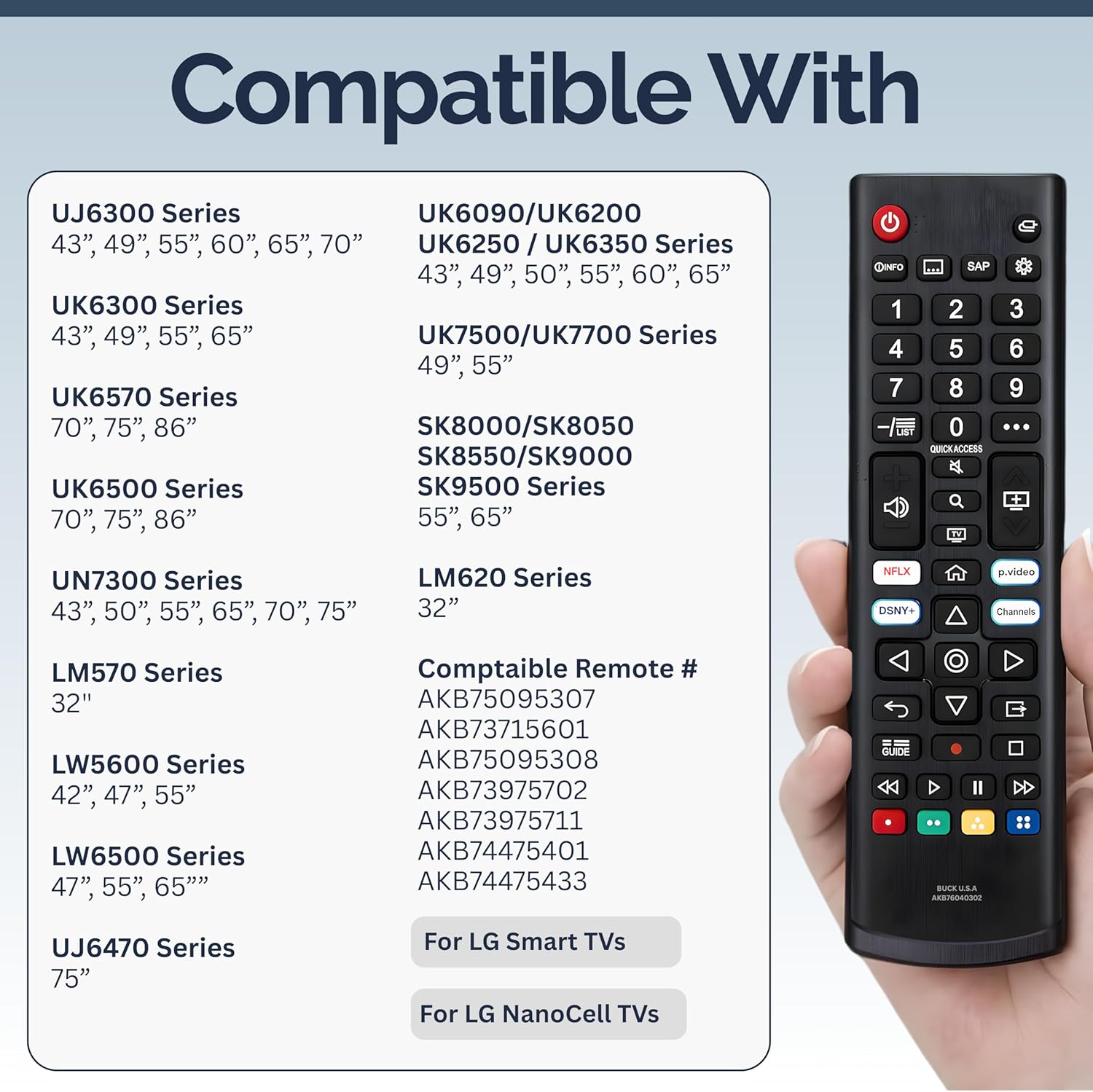 AKB76040302 LG TV Remote Control Replacement for Smart TV - Easy Setup Remote, Streaming Shortcuts - Works with LG 4K, UHD, LED, OLED Smart HDTV Models (AKB75095307, AKB74915305, AKB75855501)