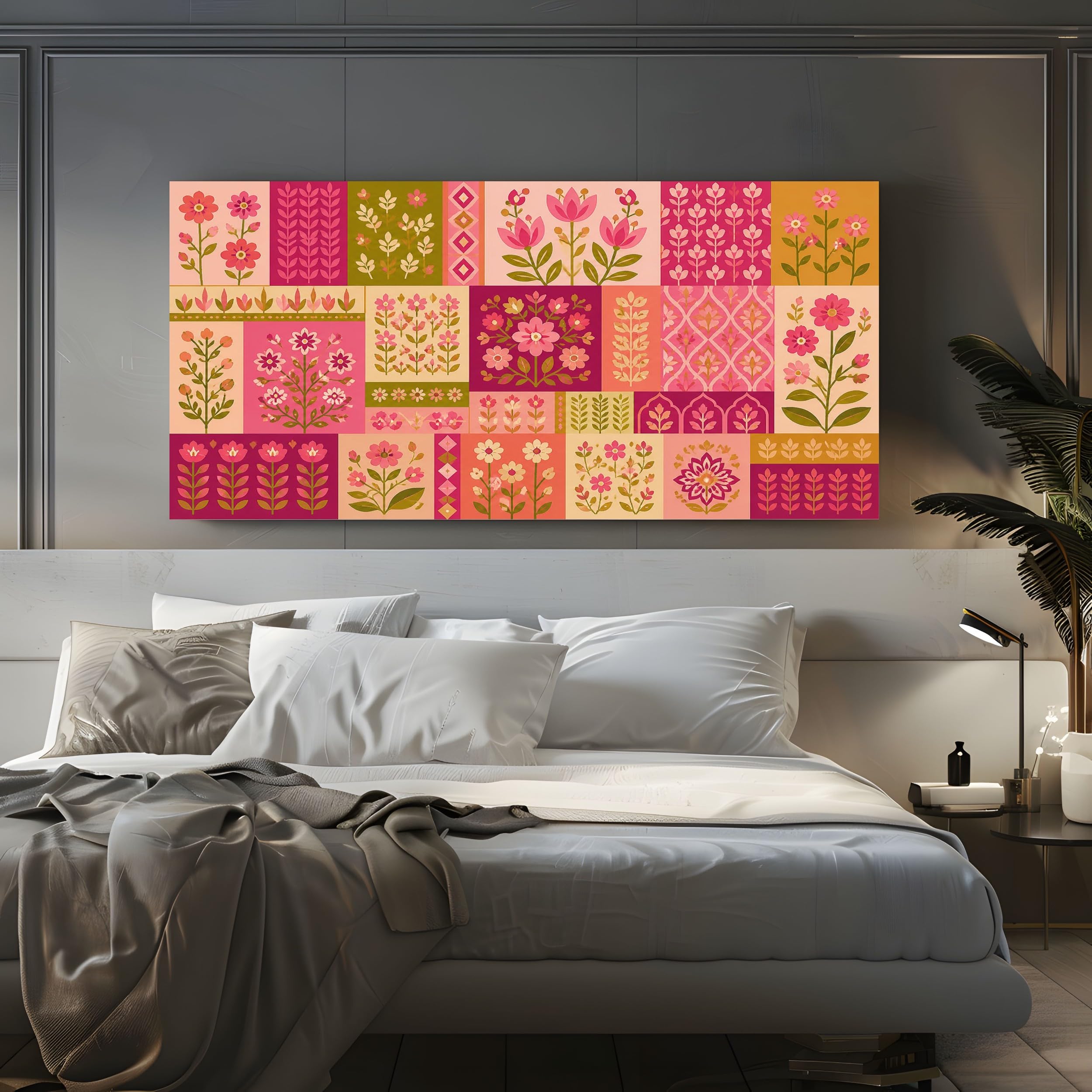 Quadri Camera Da Letto Piastrelle Floreali Geometriche Cornice 70X140 Cm