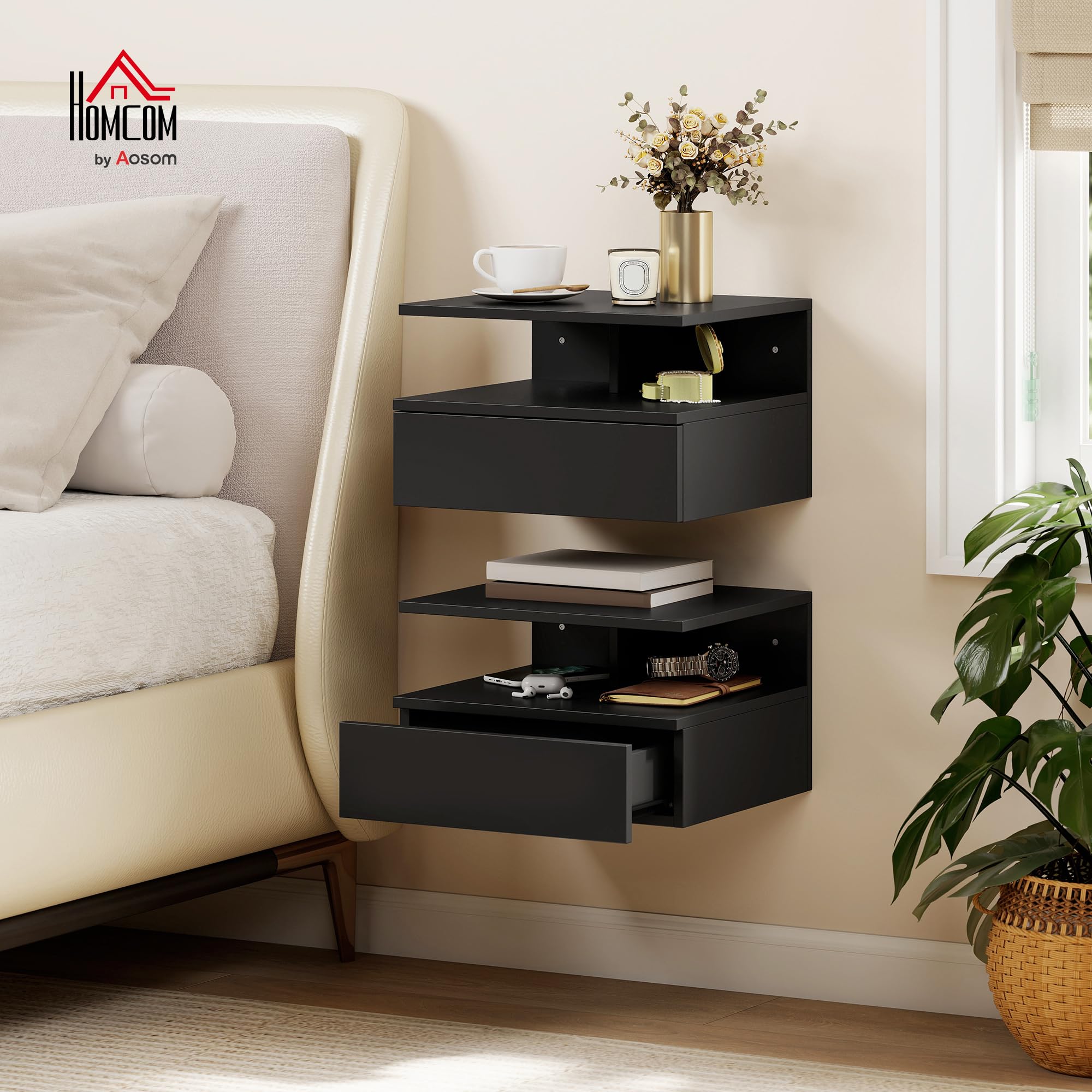HOMCOM Lot de 2 Tables de Chevet murales, Tables de Nuit suspendues avec tiroir Coulissant, Compartiment Ouvert, Plateau, Style Moderne, pour Chambre à Coucher, 35 x 32 x 22,5 cm, Noir