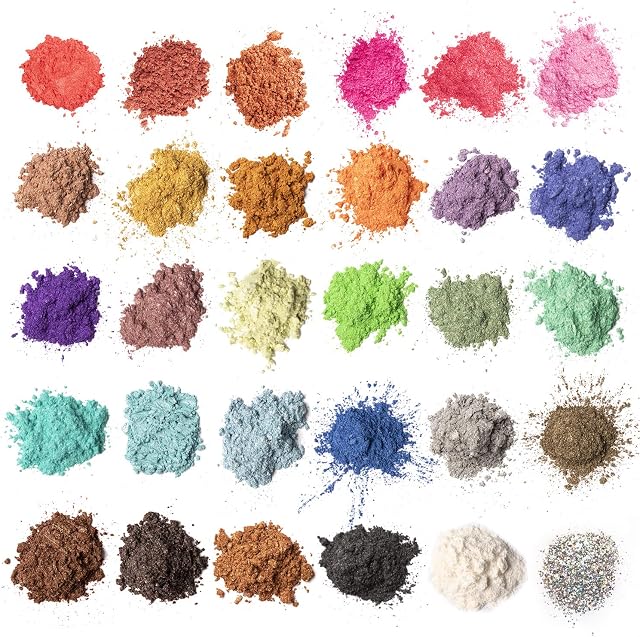 MENNYO Mica Powder 30 Colors- Epoxy Resin Pigments,Soap Dye Powder ( Total 150g/5.3oz), Natural Pigments Glitter for Soap Making, Bath Bomb,Cosmetic Eyeshadow, Makeup, Nail Polish, Slime, Paint