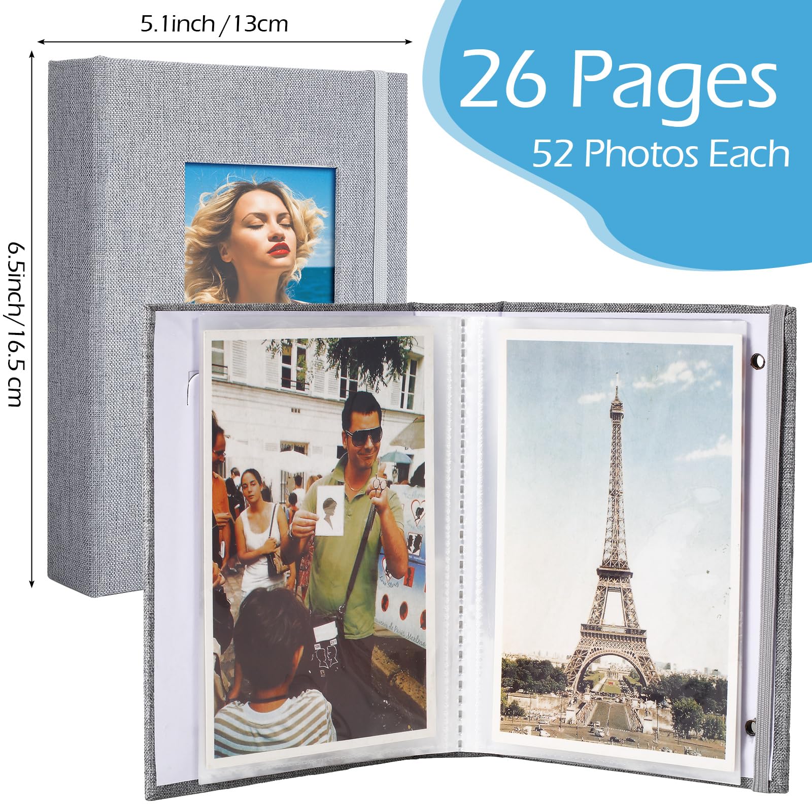 Yeaqee Album fotografico piccolo, 20 pezzi, 10,2 x 15,2 cm, 26 pagine trasparenti, contiene 52 foto, libro fotografico, copertina in lino con finestra frontale per foto, opere d'arte o cartoline