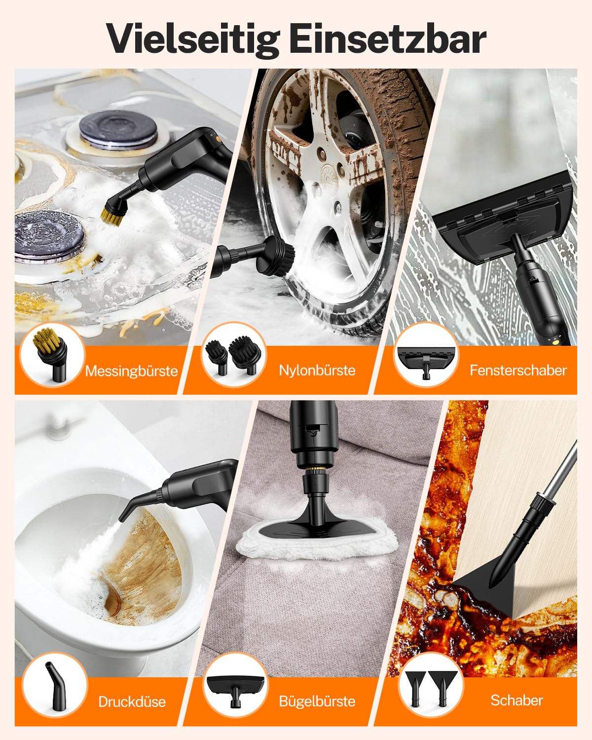 ODSD Dampfreiniger Handgerät für Haushalt und Auto 15s Aufheizzeit | 3 BAR Hochdruckdampf, 1,6L großer Tank, 3-stufig einstellbarer Dampfreiniger, für Küche, Bad, Fenster und Boden Reinigung