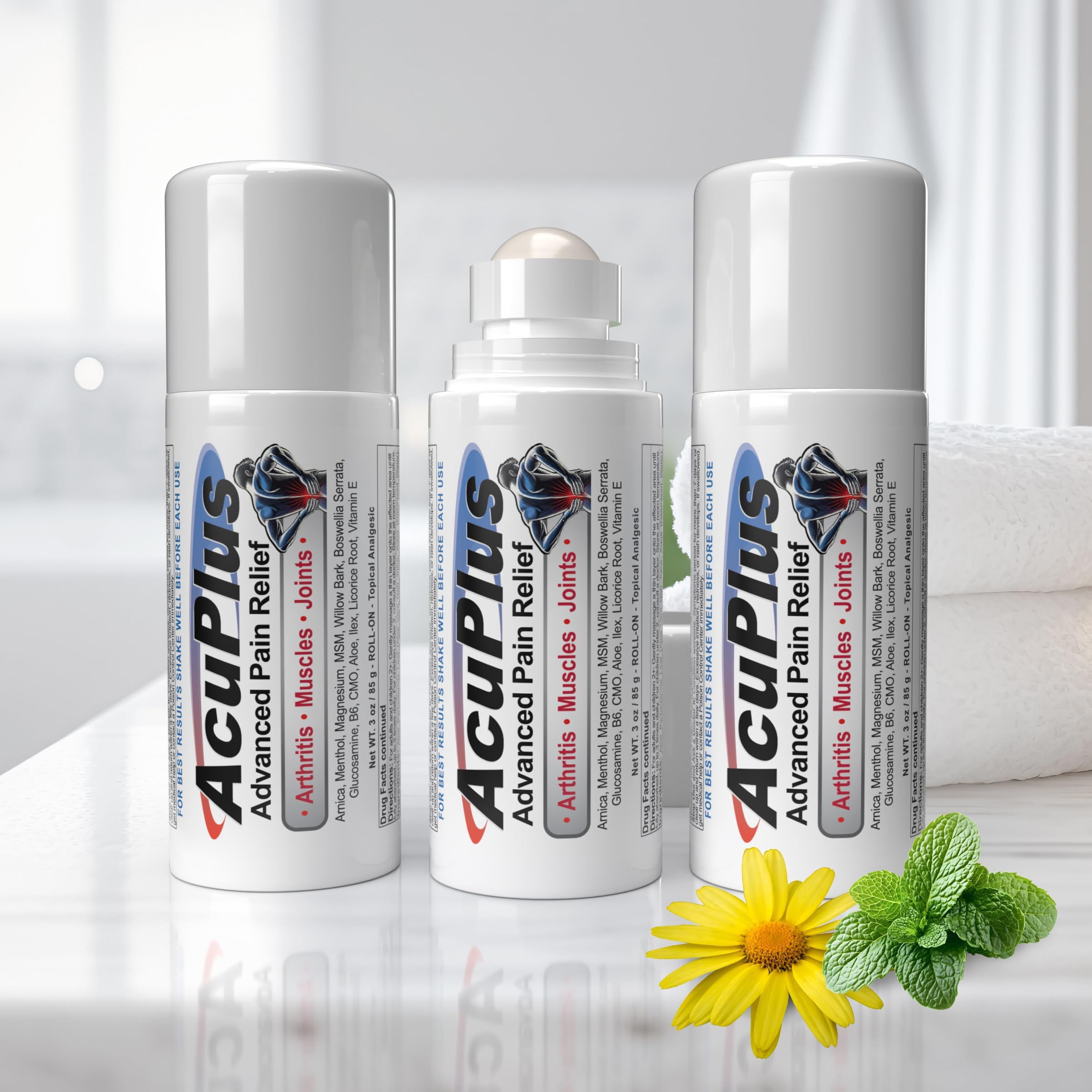 AcuPlus - Pain Relief Roll On - Topical Anti Inflammatory to Soothe Muscles & Joints - Arthritis Pain Reliever, Bursitis, Tendonitis Cream - TSA Compliant, Convenient Roll On - 3 fl. oz. (Pack of 3)