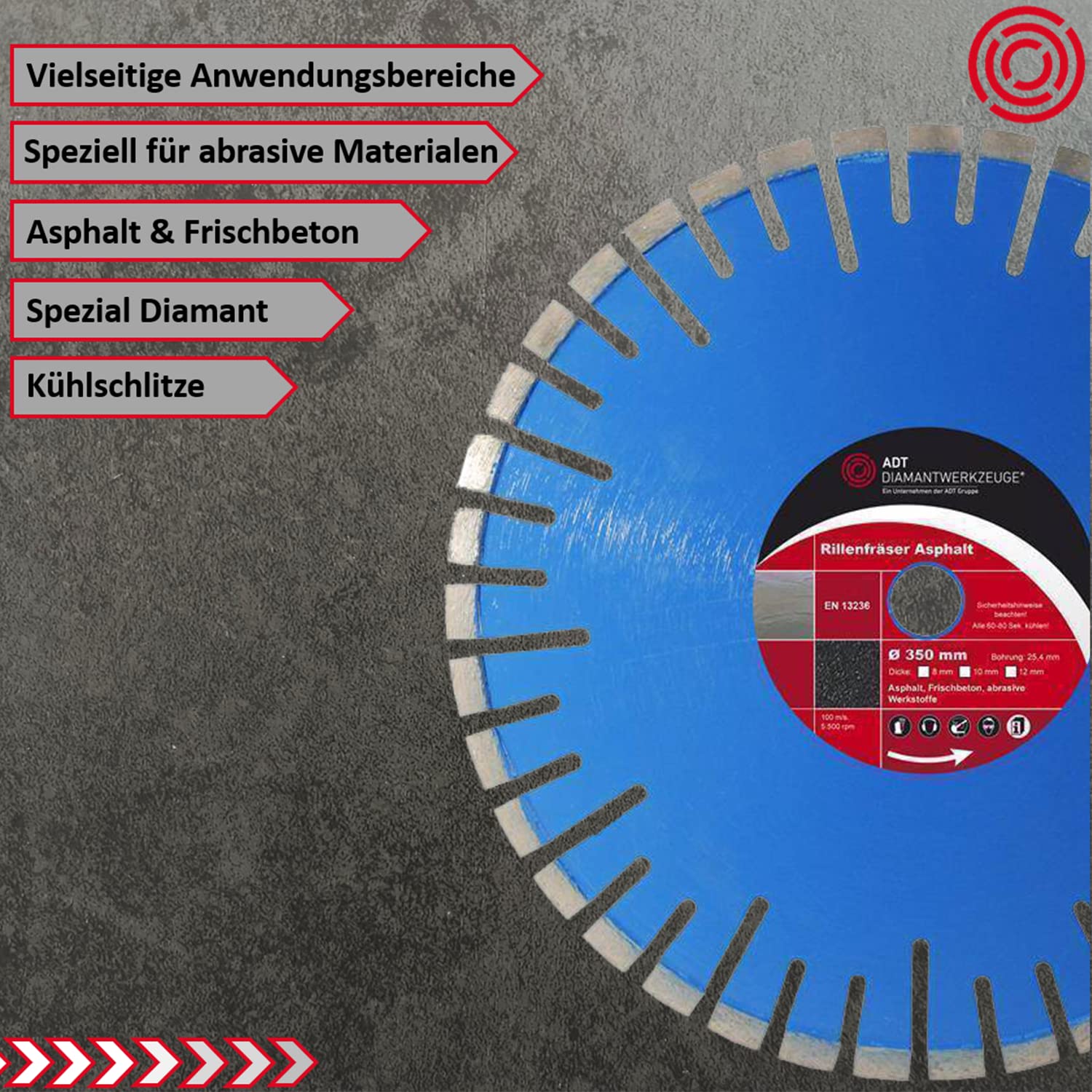 Fresa comune/scanalatura Fresa Ø 400 mm/25,4 mm Foro fresa comune/scanalatura Fresa con segmento 10 mm altezza e 8 mm Segment volumi per asfalto